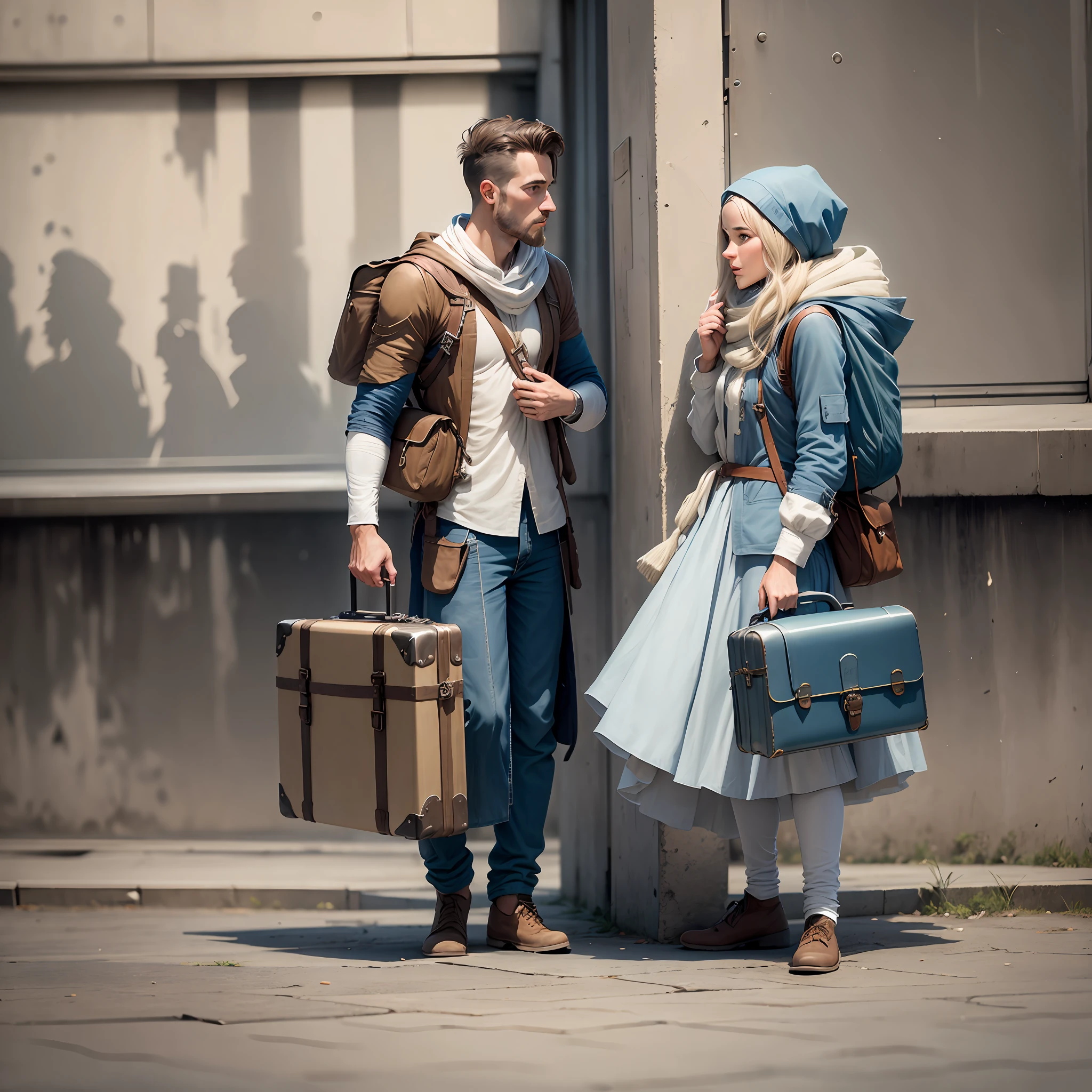 imagem realista de homem branco, 30 anos com mochila; is talking to woman with suitcase in hand.; talk is face to face --auto --s2