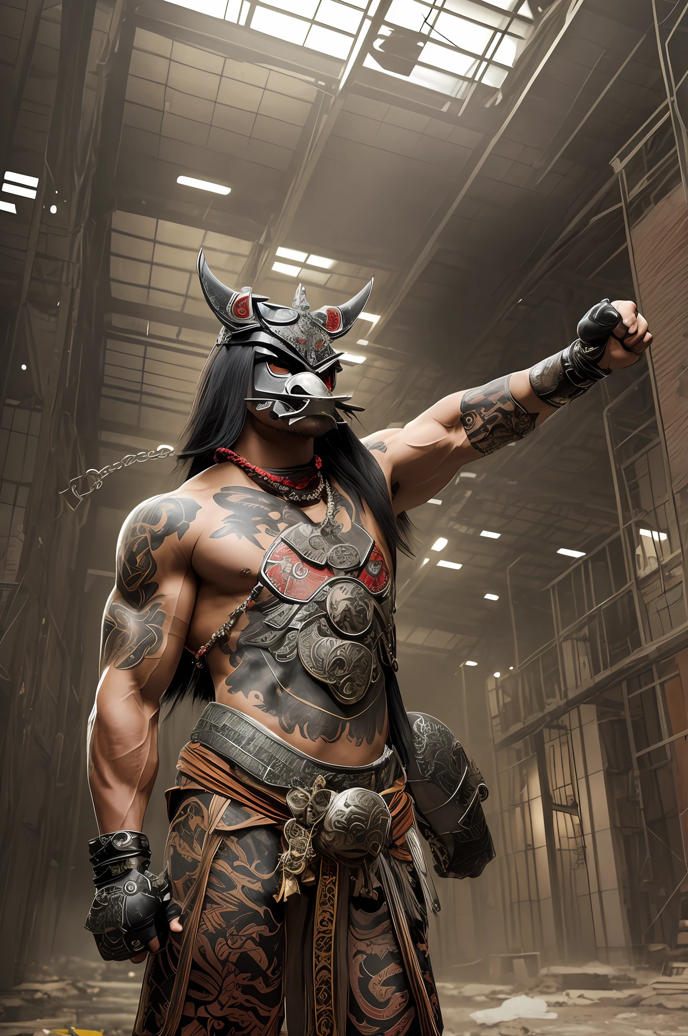 ((best quality)), ((ultradetailed)), ((masterpiece)), photograph, scene: spacious abandoned warehouse, theme: anthropomorphic animal mafia, character: samurai demon, appearance: muscular build, action: combat stance, expression: wearing oni mask, tengu,fierce, holding a karana, gold necklace, upper body bare, sporting yakuza tattoos, perspective: 4K. --auto --s2