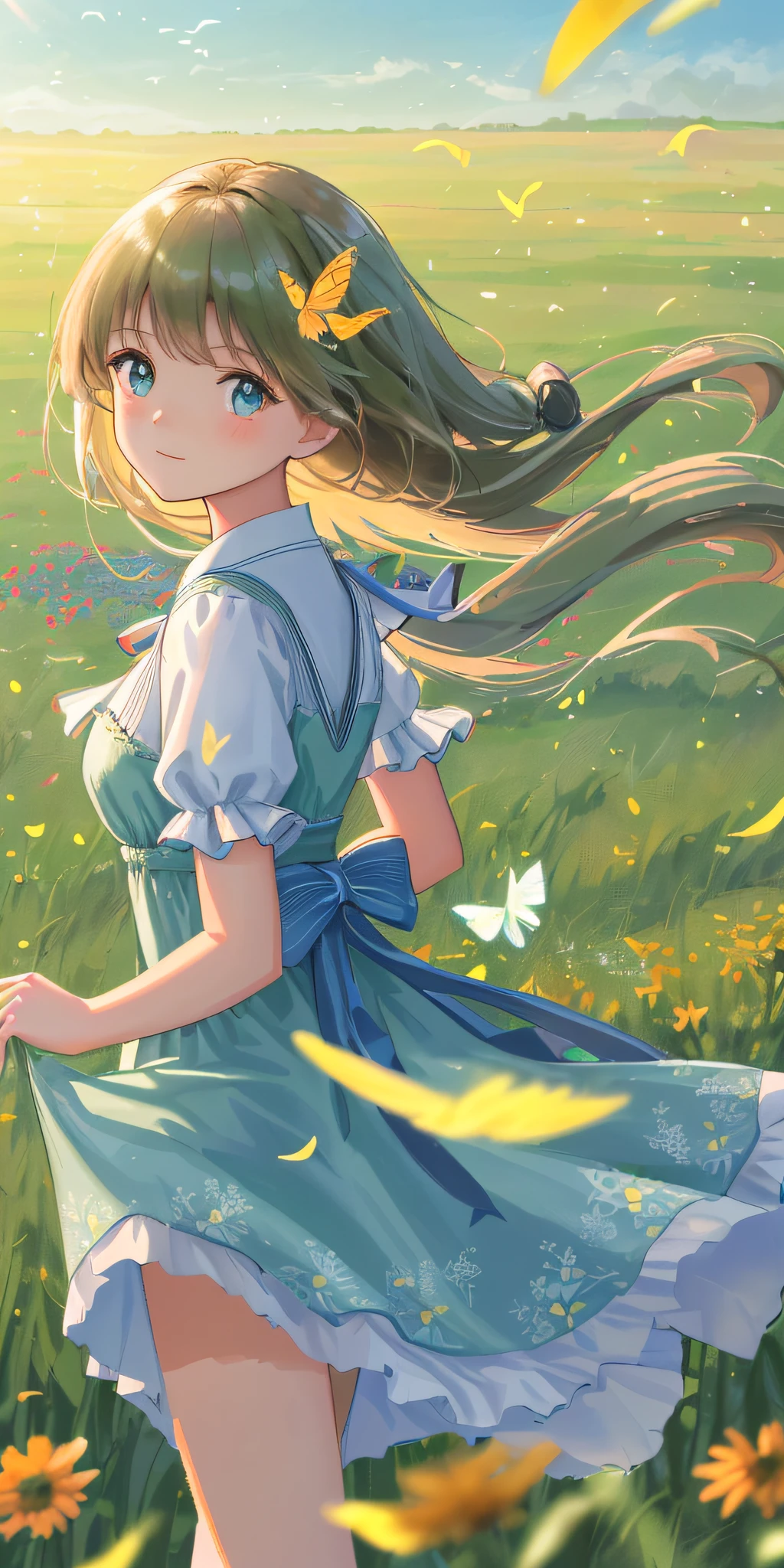 High Detail, Ultra Detail, Ultra High Resolution A cute and innocent girl is enjoying her time in an open field, surrounded by the beauty of nature, with the warm sun shining on her and wild flowers swaying gently in the breeze. Butterflies and birds flutter around her, adding to the playful atmosphere, --v6