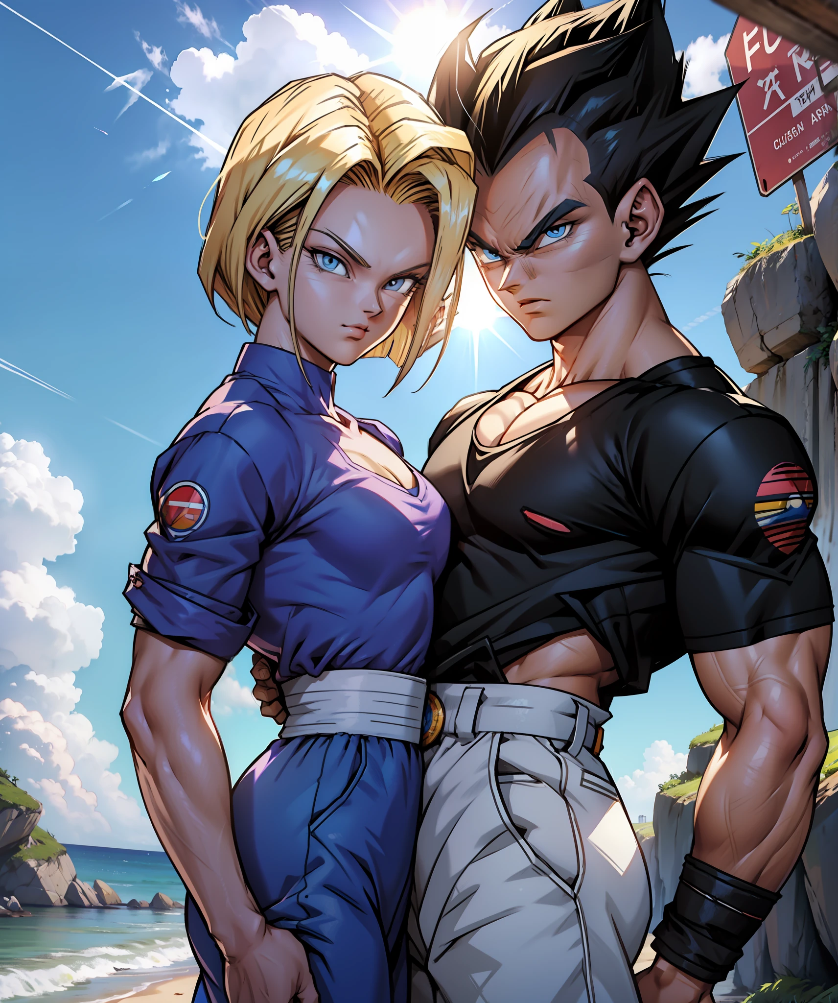 Couple, ((android 18)), ((vegeta)), inclinando-se como uma placa de piscis, fundindo-se com folhas, apaixonados, paleta de azul da cachoeira, tarde chuvosa. Iluminado pela luz solar natural. Arte digital, 3D, Raytraicing realista, cinematic lighti, luzes industriais, roupas de praia