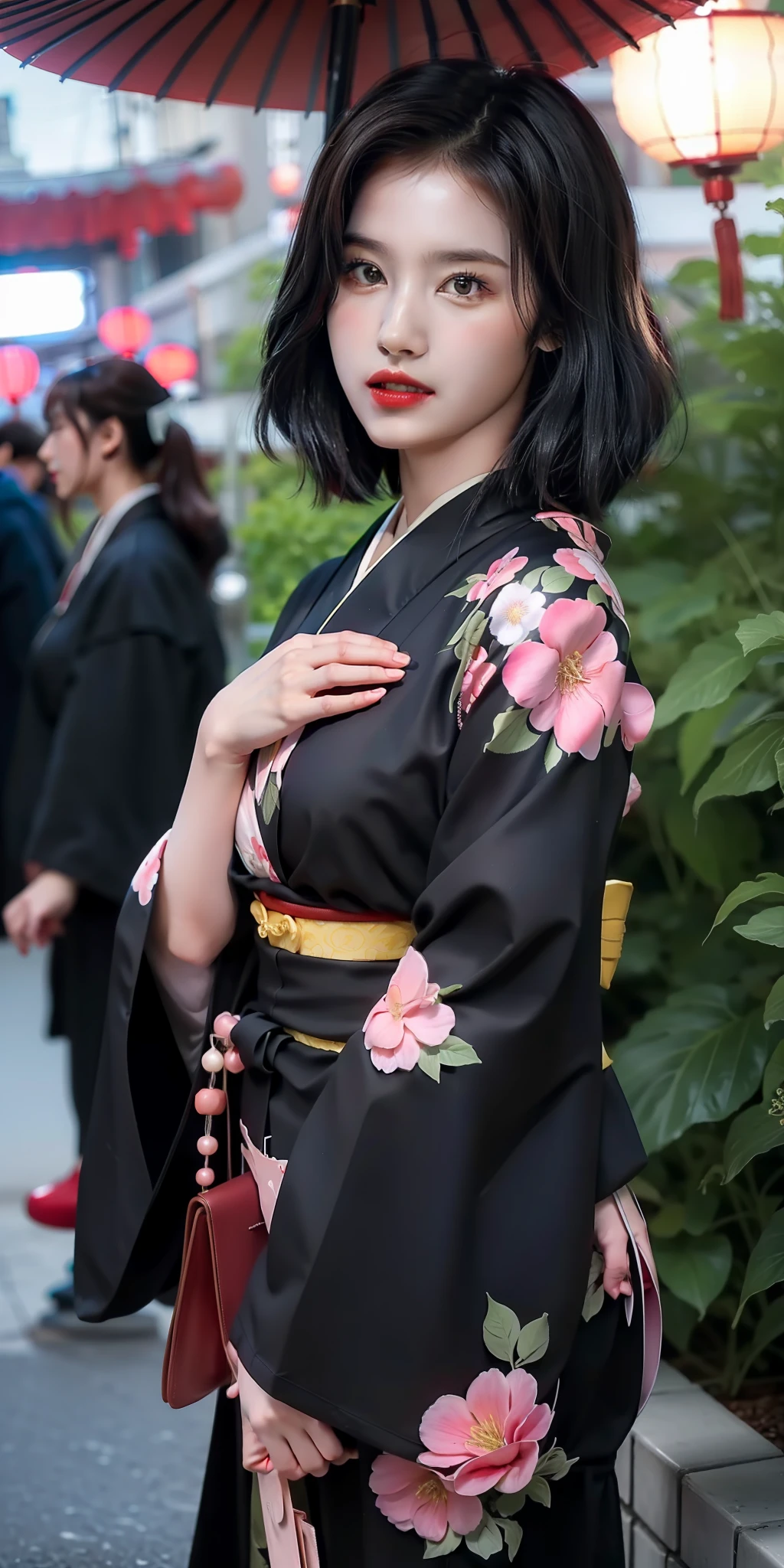 (black kimono:1.2),(japanese clothes:1.2),(floral print),(long sleeves),1 girl,full body,(short hair),(realistic:1.7),((best quality)),absurdres,(ultra high res),(photorealistic:1.6),photorealistic,octane render,(hyperrealistic:1.2), (photorealistic face:1.2), (8k), (4k), (Masterpiece),(realistic skin texture), (illustration, cinematic lighting,wallpaper),( beautiful eyes:1.2),((((perfect face)))),(cute),(standing),red lips, outdoors,(japanese style countryard),