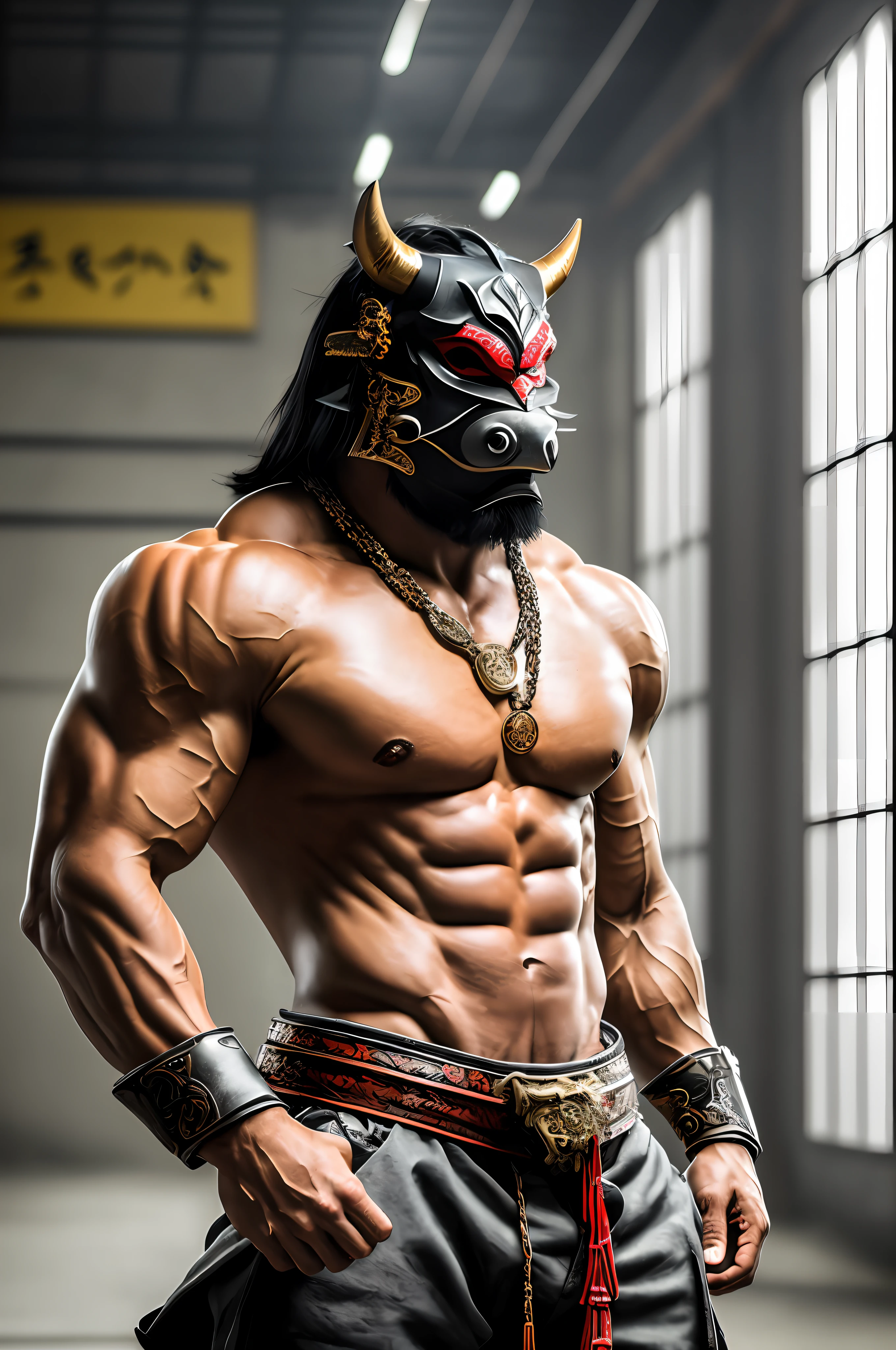 ((best quality)), ((ultradetailed)), ((masterpiece)), photograph, scene: spacious abandoned warehouse, theme: anthropomorphic animal mafia, character: samurai demon, appearance: muscular build, action: combat stance, expression: wearing oni mask, tengu,fierce, holding a karana, gold necklace, upper body bare, sporting yakuza tattoos, perspective: 4K. --auto --s2