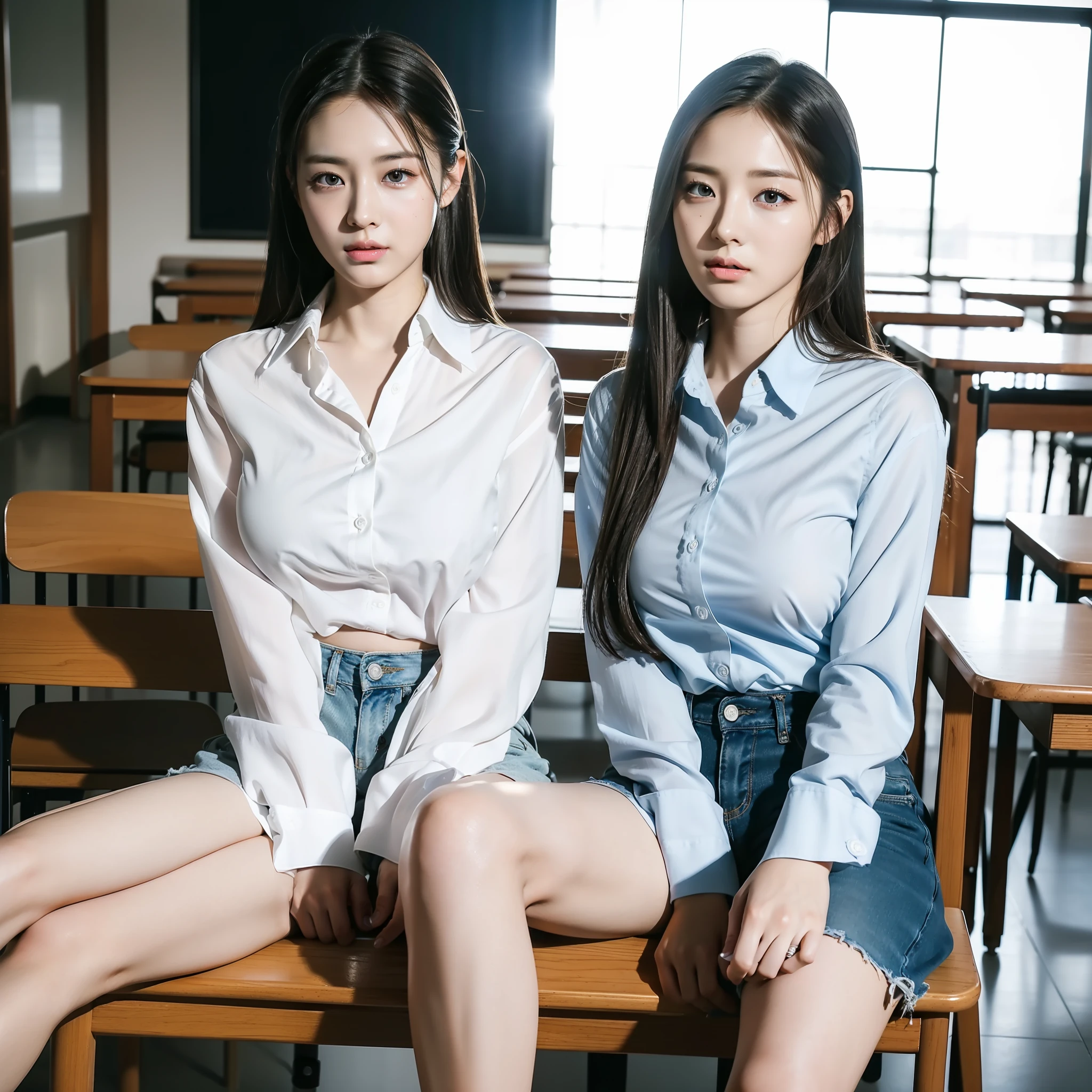 ((BEST QUALITY、8k、A Masterpiece:1.3 ))、RAW photo、Realistic skin texture、professional Lighting、1girl、Super cute Japan high school girl、slender perfect figure、(Random Hairstyles、Big Boobs:1.2 )、High School Classroom、(sitting in chair、spread leg:1.2)、See-through button-up white shirt、Pleated Mini Cart、thights、bare feet、hyperdetailed face、ultra detailed eyes、Ultra detailed lips、Double eyelidd