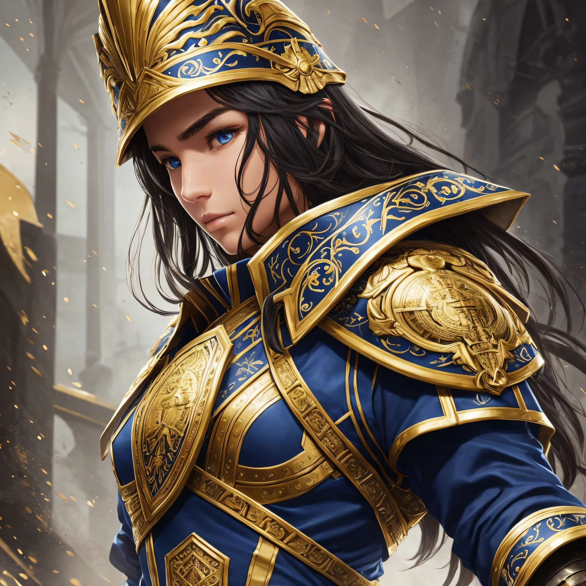 high quality, realistic, army with classic style armor, dark blue fabric clothing, with golden details --auto --s2