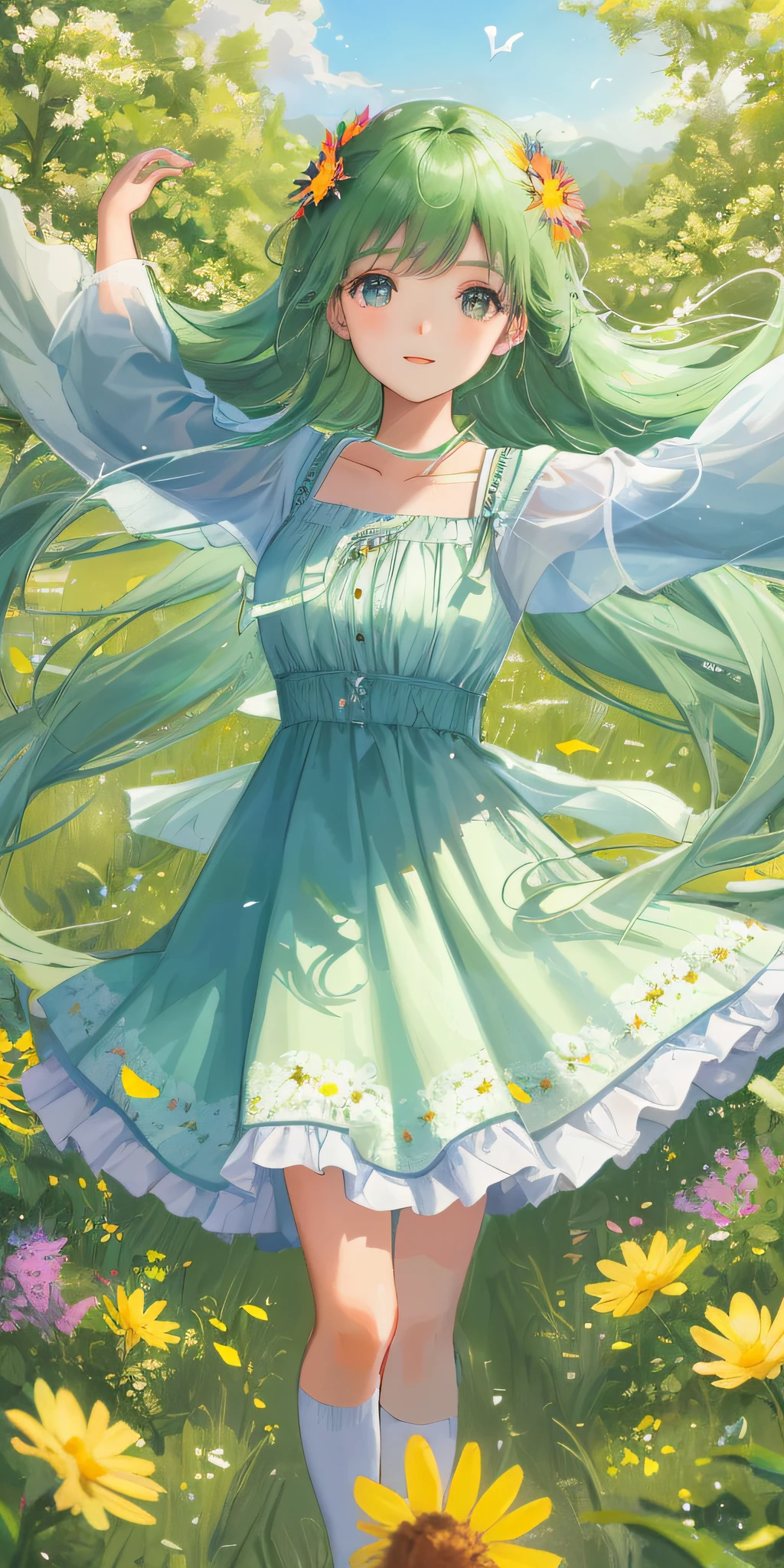 High Detail, Ultra Detail, Ultra High Resolution A cute and innocent girl is enjoying her time in an open field, surrounded by the beauty of nature, with the warm sun shining on her and wild flowers swaying gently in the breeze. Butterflies and birds flutter around her, adding to the playful atmosphere, --v6