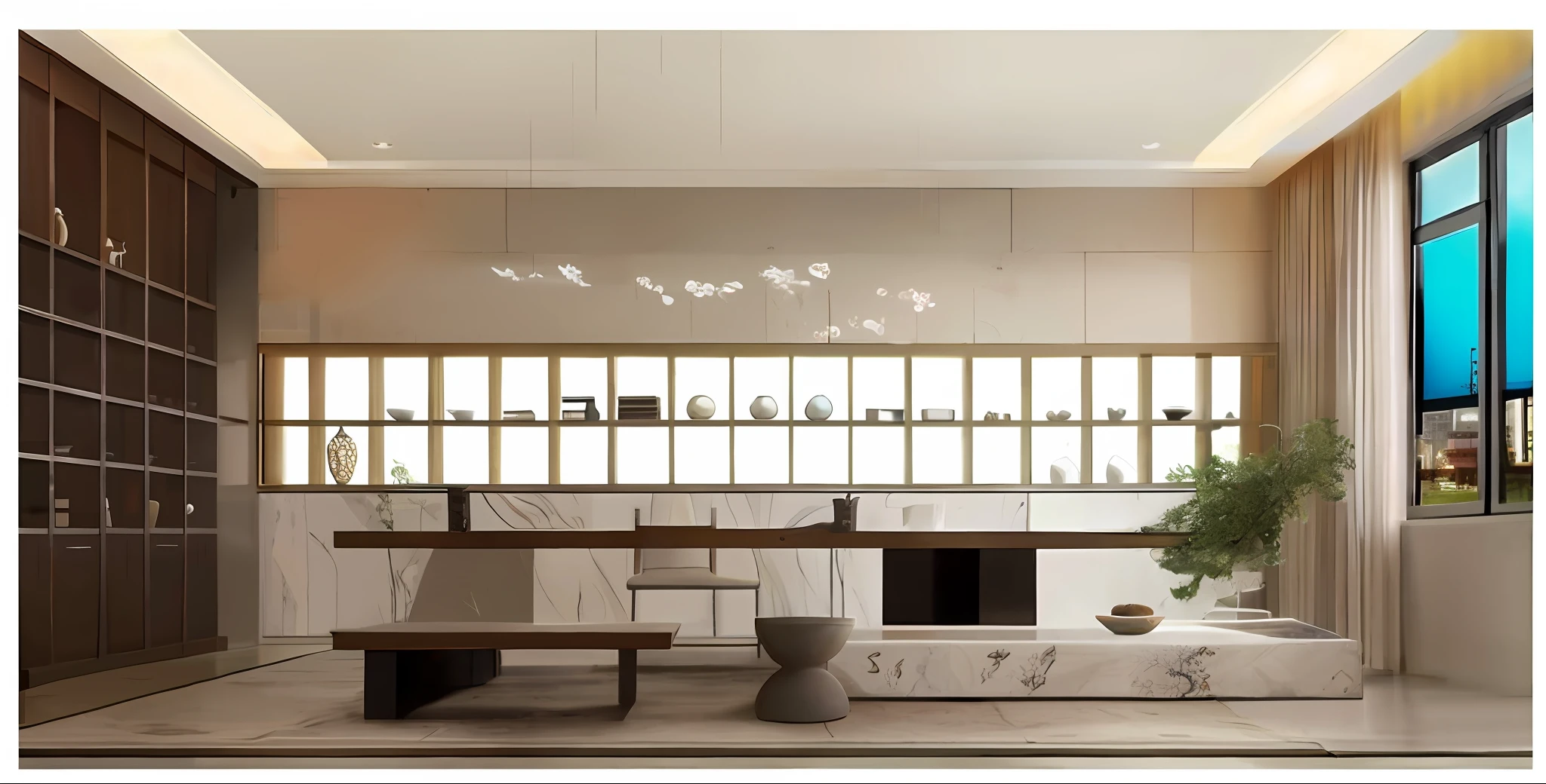 there is a room with a table and a bench in it, inspired by Liu Haisu, show room scene, the high,-end, the high, - end, inspired by Xiao Yuncong, marble、Wood and glass, marble room, author:Shen Che-Tsai, inspired by Li Di, inspired by Shi Zhonggui, stone table, inspired by Wang Lü