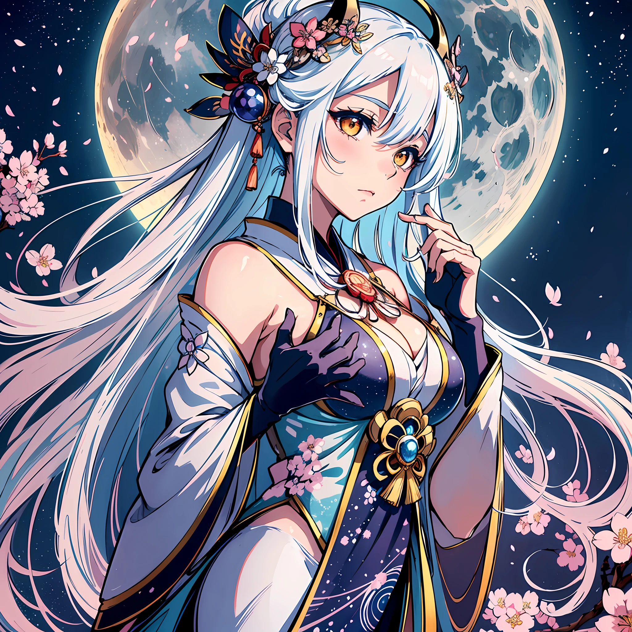 A captivating portrayal of Tsukuyomi, the enigmatic Moon God of Japanese mythology. Tsukuyomi embodies the ethereal beauty and mystique of the moon, exuding an aura of calm and serenity. The scene is set under a starry night sky, with the moon shining brightly, casting a soft and gentle glow. Tsukuyomi stands with grace and elegance, dressed in flowing robes adorned with celestial motifs and delicate lunar patterns. Their hair cascades like moonlight, reflecting the lunar radiance. In one hand, Tsukuyomi holds a traditional Japanese fan, symbolizing their connection to the moon's gentle breeze. The god's expression is serene and contemplative, radiating an otherworldly wisdom. The surrounding environment is adorned with cherry blossom trees in full bloom, creating a poetic and enchanting atmosphere. The color palette is dominated by soothing shades of silver, white, and deep blue, evoking the tranquility of a moonlit night. The aspect ratio is 1:1.``` --auto --s2