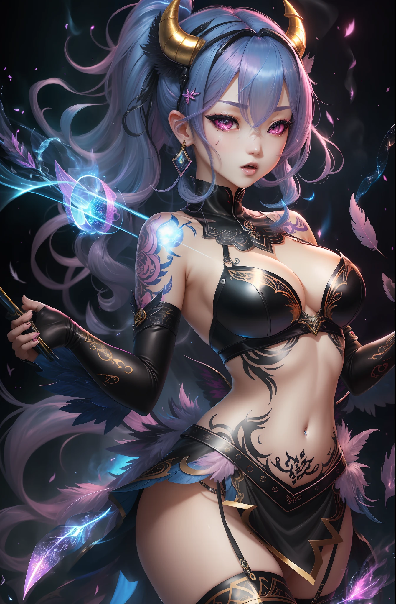 A Masterpiece、BEST QUALITY、pink hair、Blue lightning、lifelike、realistic details、highdetail。blue clothes。Blue thunder。Blue Crystal。Black suspended particles。Black smoke。Black crystals around。Black smoke wafting around。Warping the body。warping the body。Horns。Darkness。Yami Ochi。laughter。shorthair。
a 1girl, beautiody, Seductive face,, fine skin, anicos_No one,, short hair, navel out, Detached sleeves, Bare Shoulders, Central opening, cleavage between breasts, mid breasts, Hair clip with long feathers, Blue hair ornament, thigh highs,Watch your audience,Isekai、Mini skirt、Yami Ochi。seduction。Brainkill。sexypose。Twintails。Open your mouth wide。tattooed。demon tail。Gold pattern on chest。Painful look。Long velo。long tongue。Luminous tattoo。Luminescent tattoos。demon wings。Gold tiara。