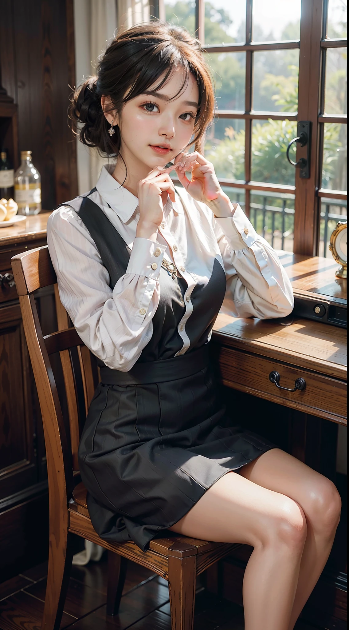 Motivational seminars、Setting up a seminar、(1girl)、Beautiful lighting、BEST QUALITY、A Masterpiece、Super uplifting、photorealistic、Setting up a seminar chair、Look at the front of the speaker、Put your hand on your cheek、love、happiness、Very cute、Thoughts、Feminine outfit、Random Hairstyle