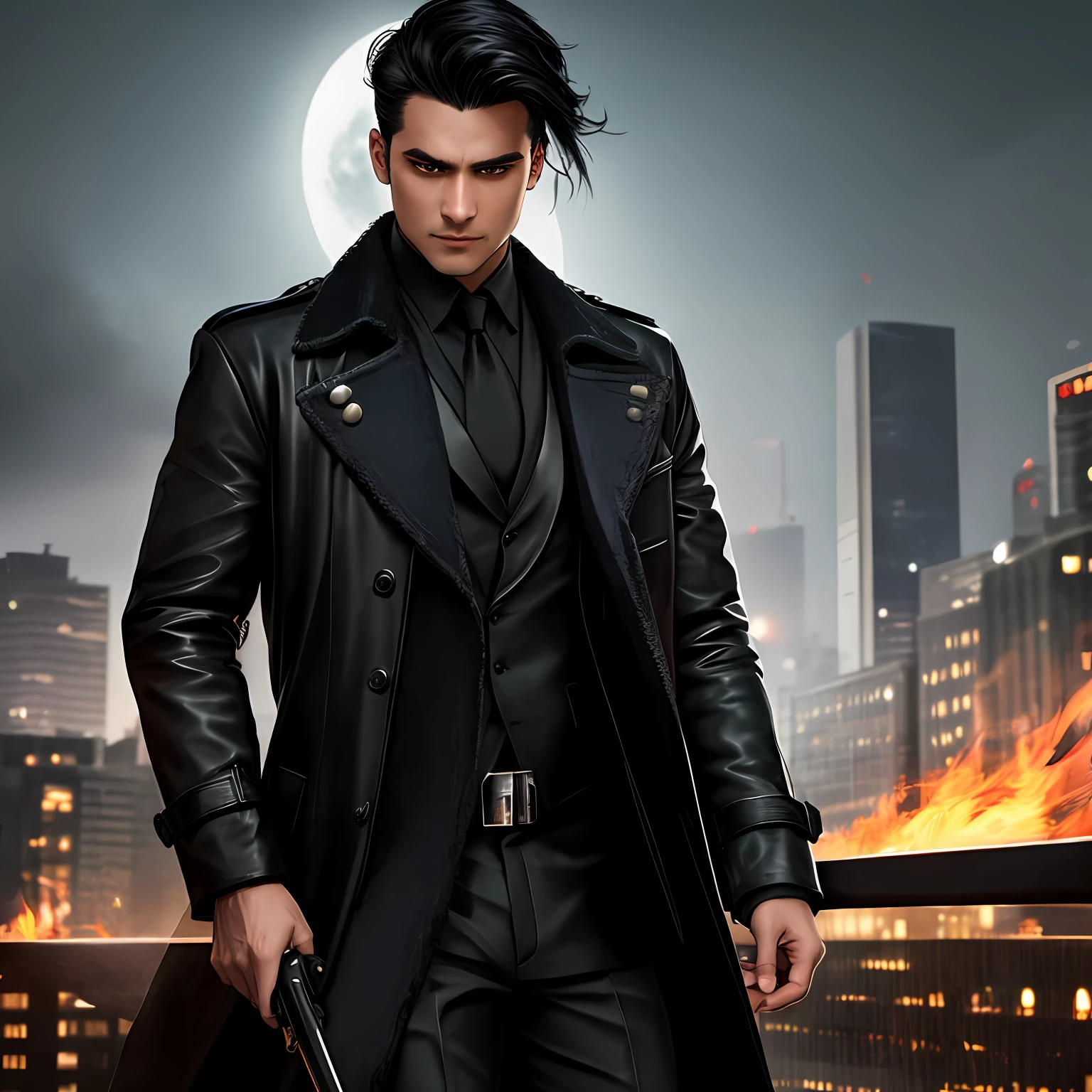 noir detective, character portrait, detective with black leather coat, black shoulder lenght hair, fire on his eyes, a crimsom dagger on his right hand, city at mid night, moon light, UHD