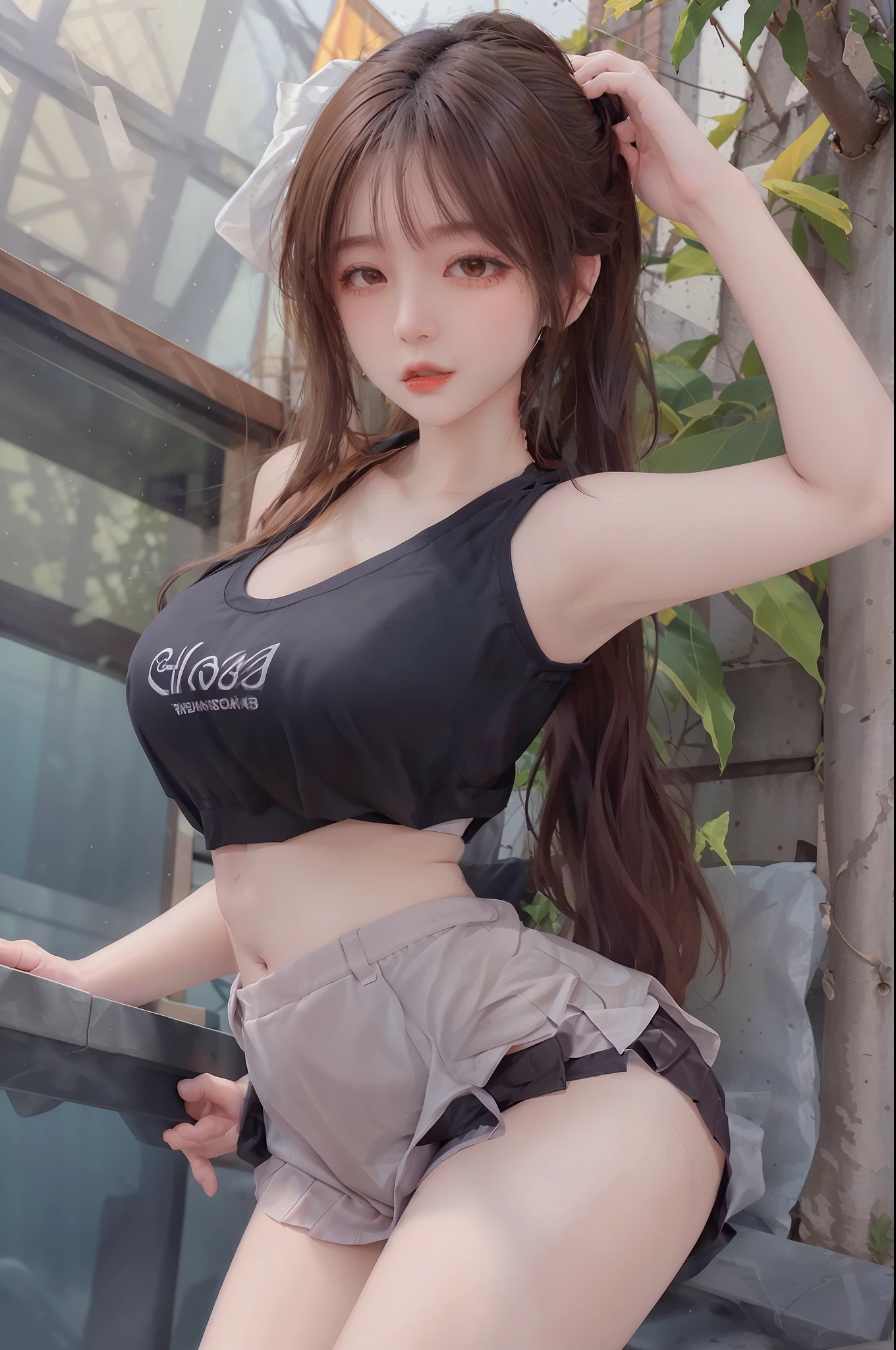 Masterpiece: 1.2, Best Quality), Realism, (Real Pictures, Rich Detail Detail, Depth of Field), (1 Girl, Solo), Makeup, High Detail, Perfect Face Shape, (: 1.4), (Skin Dents), Thick Thighs, Broad Buttocks, Thin Waist Line, High, Coral, Red Lips, Red Eyes, Ponytail (Girls, Tulle Transparent), (Sweat: 1.2), (Wet), Sexy, Blush, (Shy Expression), Suspenders, Tank Tops, Short Skirts, Shorts, Yoga Pants, Tight Short Skirts, Tight Shorts, stockings, fishnet socks, pajamas, pleated skirts, skirts, hip skirts,