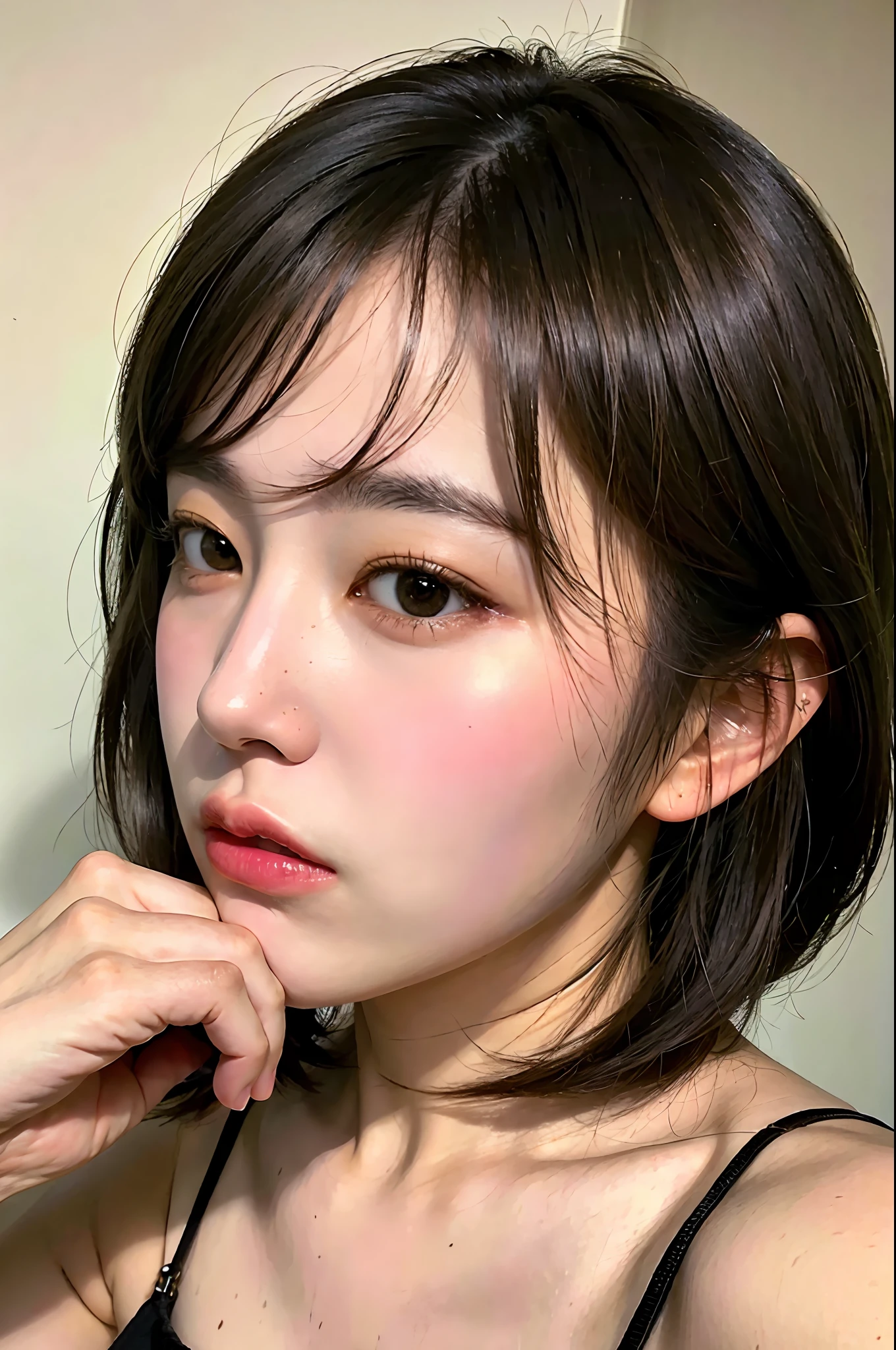 photorealistic、Female selfie、A-Line Haircut Big Plump