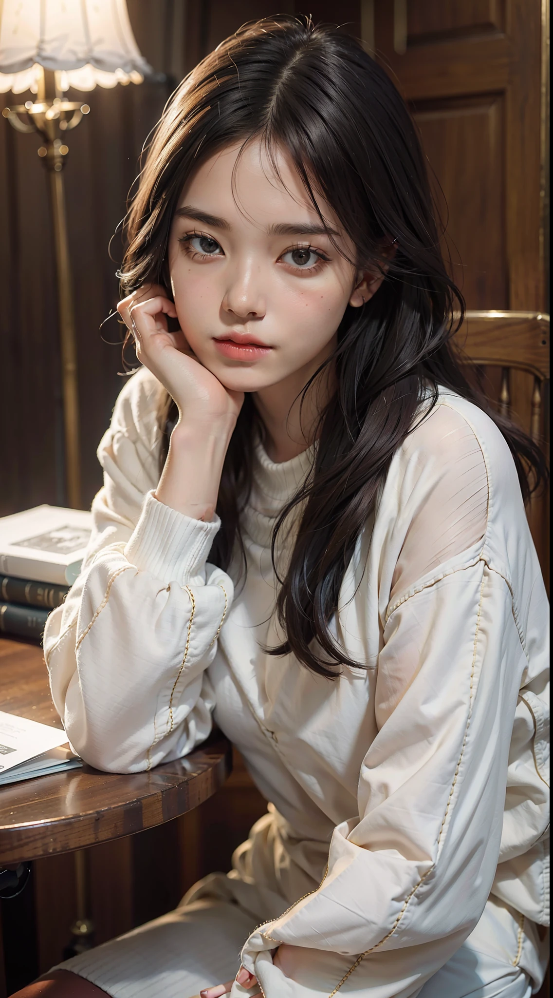 motivational seminar, setting on the seminar, 1girl, bored, beautiful lighting, best quality, masterpiece, ultra highness, photorealistic, setting on the seminar chair, looking at front to the speaker, hand on cheeks, lazy time, thinking