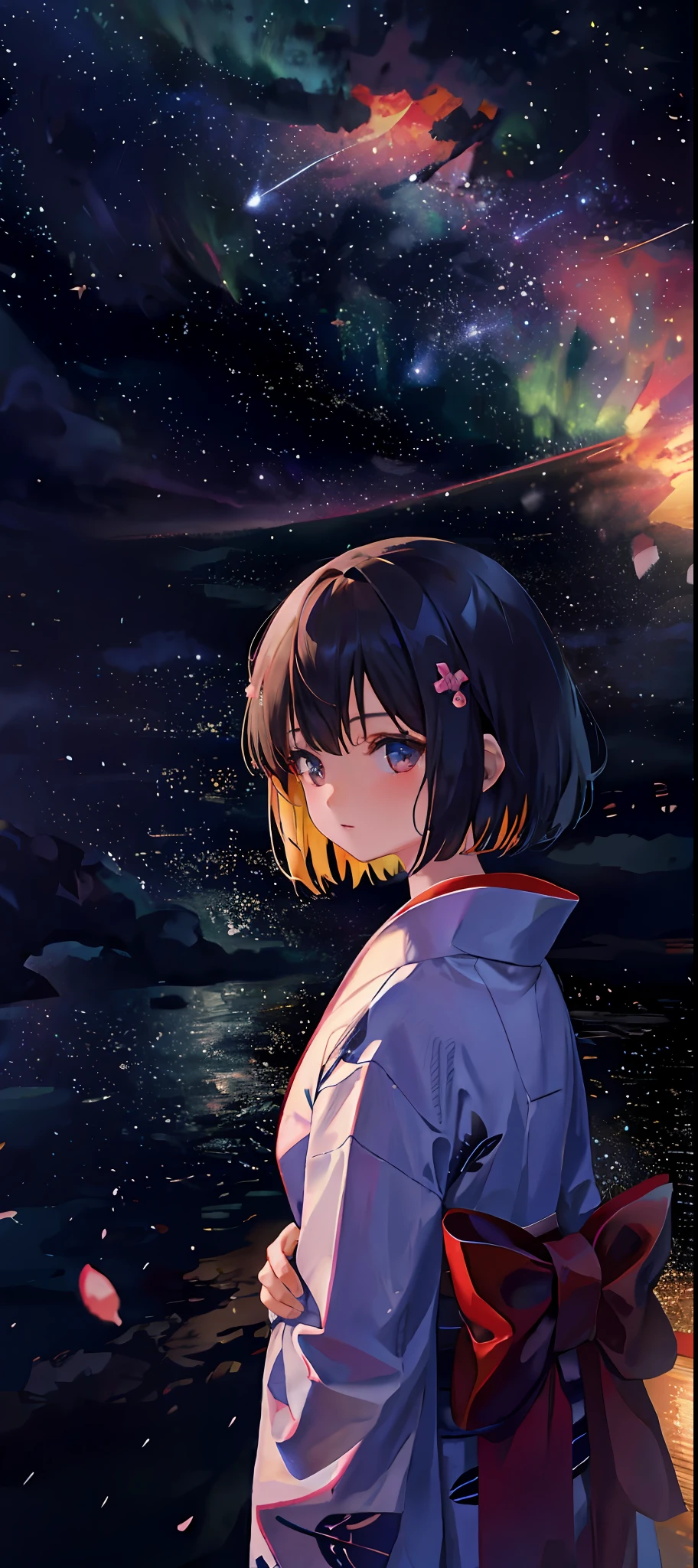 1girl, a distant girl in a kimono staring at the stars, (zoomed out: 1.1), (meteor shower: 1.2), (comet: 1.1), your name, low angle, from behind, northern lights, shooting stars, yukata, red kimono, cherry blossoms, Standing in the field, best quality, masterpiece, cloud, colorful, starry, stars,