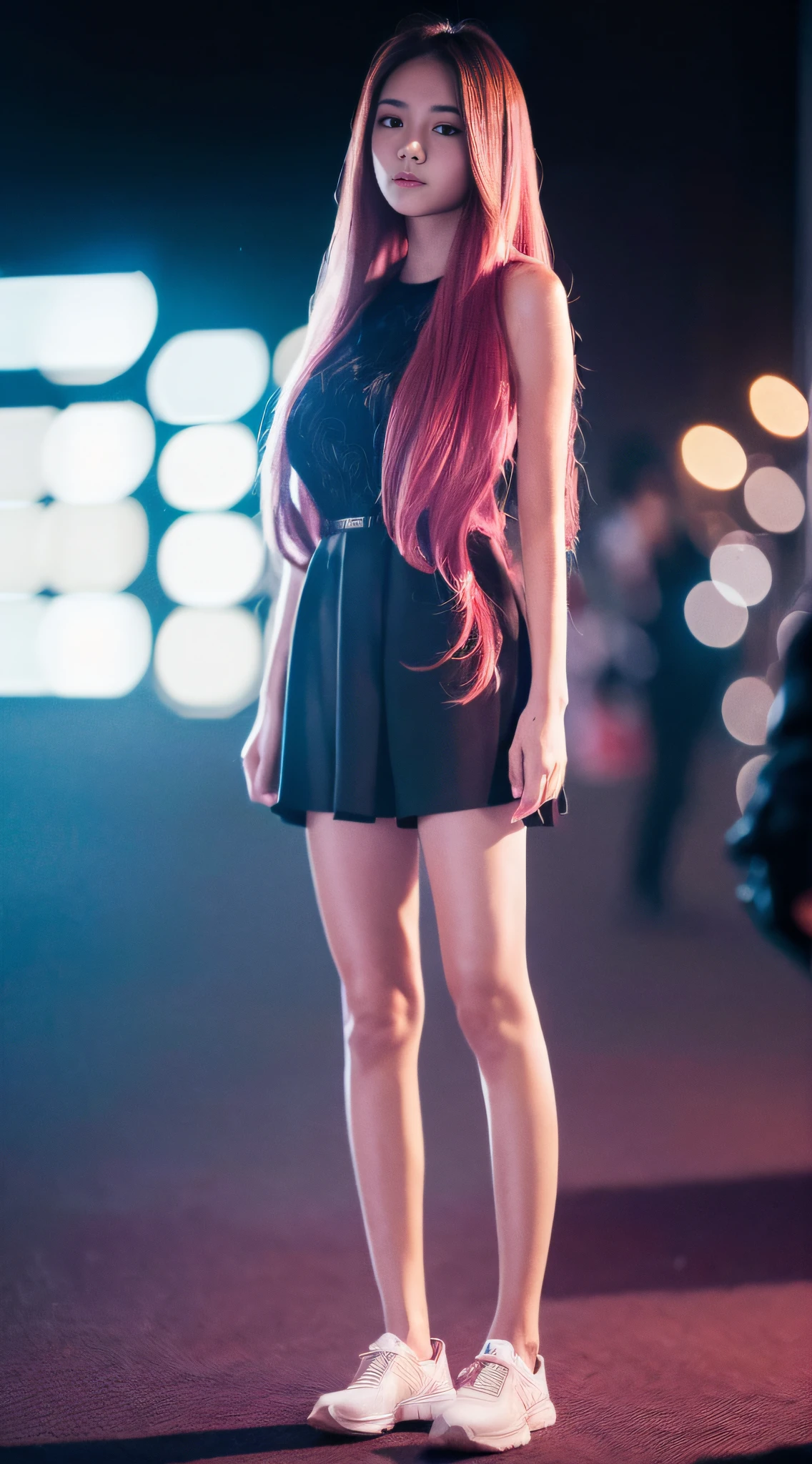 (Masterpiece, Best quality，Highres），1girl，(standing:1.4), [pink:brown:0.7]long hair，night，(blurry background:1.4), low angle view，(close up:1.4)，CPL filter, telephoto lens, (full body:1.4), Portrait, gobo