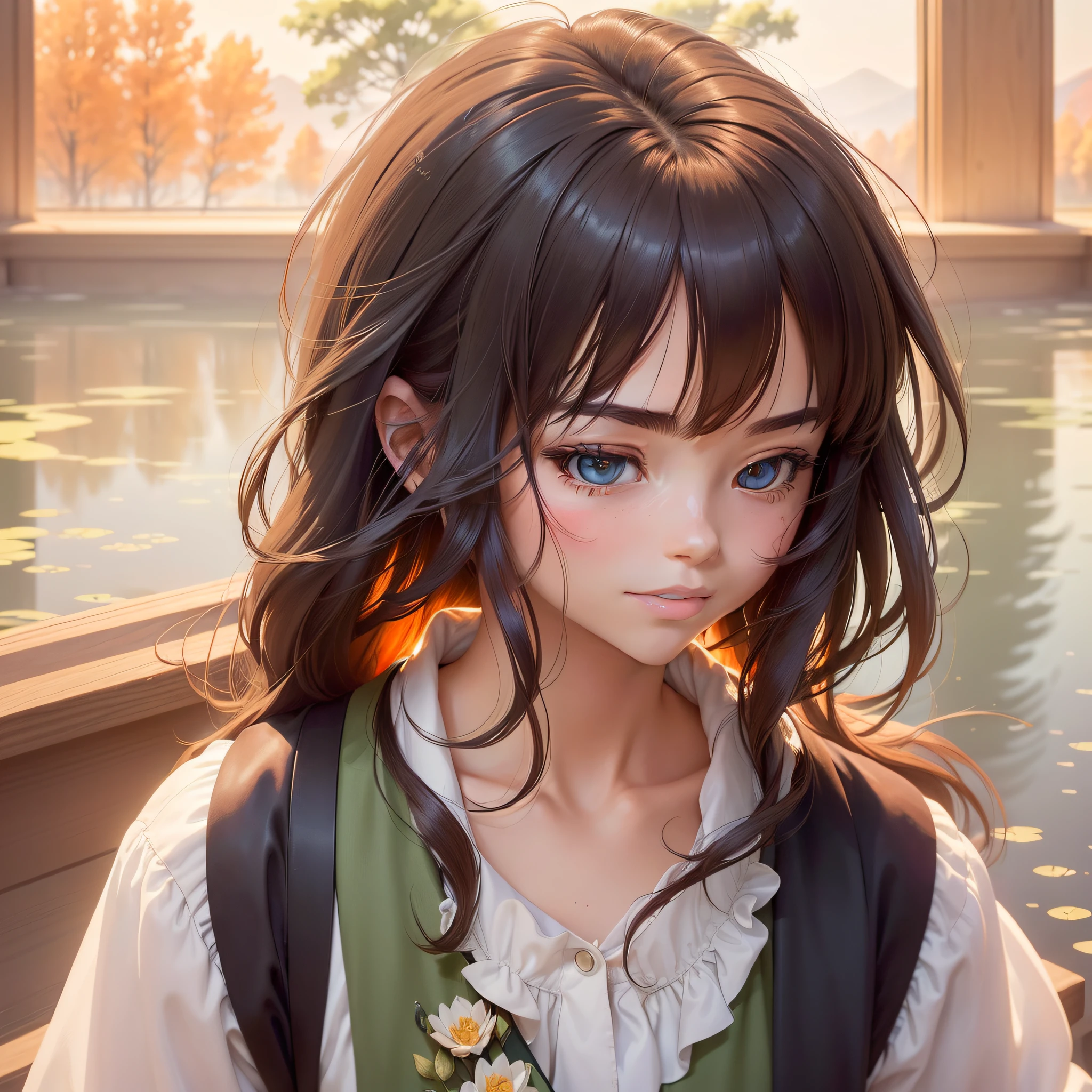 (((Change only the background))),((Makoto Shinkai anime style,Ultra High Res,lovable,long hair,Huge pond outside the huge window in the background,big eye,There are slight ripples of water on the pond,There are ponds to the left and right of the characters,There are flowers of various colors on the pond)),High Quality,soft,Beautiful picture,(Face down,The face is slightly to the left,cure,beautiful,Look to the bottom left,Brown pupils),,willow tree,Sunset,the stars,mist,Reflections with red maple,The orange light in the air is quiet and beautiful,Home atmosphere,watercolor effect,(Teeth slightly exposed,The face shape is slightly longer)