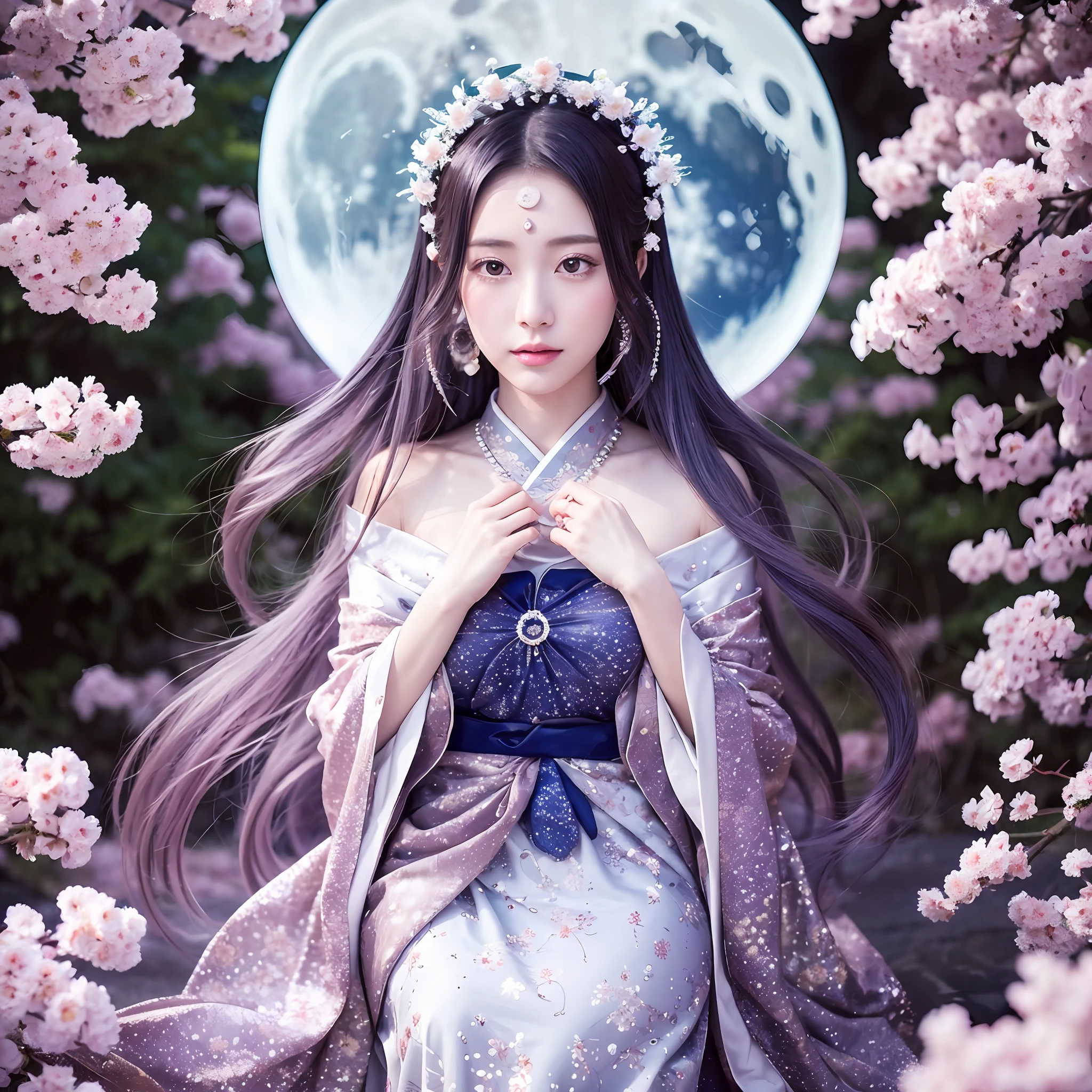 A captivating portrayal of Tsukuyomi, the enigmatic Moon God of Japanese mythology. Tsukuyomi embodies the ethereal beauty and mystique of the moon, exuding an aura of calm and serenity. The scene is set under a starry night sky, with the moon shining brightly, casting a soft and gentle glow. Tsukuyomi stands with grace and elegance, dressed in flowing robes adorned with celestial motifs and delicate lunar patterns. Their hair cascades like moonlight, reflecting the lunar radiance. In one hand, Tsukuyomi holds a traditional Japanese fan, symbolizing their connection to the moon's gentle breeze. The god's expression is serene and contemplative, radiating an otherworldly wisdom. The surrounding environment is adorned with cherry blossom trees in full bloom, creating a poetic and enchanting atmosphere. The color palette is、Dominated by a muted shade of silver, white, and deep blue, evoking the tranquility of a moonlit night. Aspect ratio is 1 Mature。:1.```