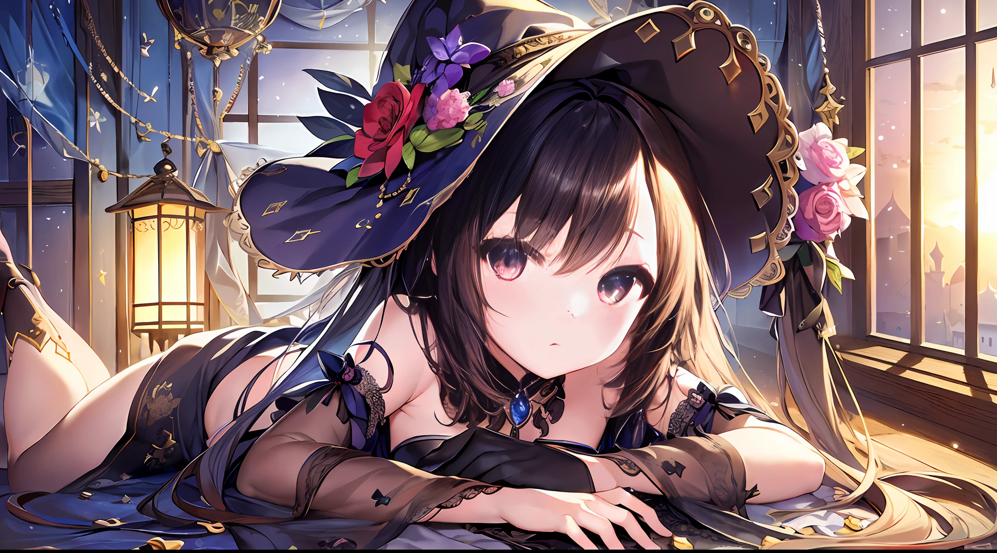 Petite girl、((NIGHT、realistic light、BEST QUALITY、8ｋ、A Masterpiece ))(witches), Indoor, Wooden hut, (MAGIC)Hyper realistic, Anatomical, elegantly, a beautiful background、 BEST QUALITY, A Masterpiece, The best illustration ever, Extremely Delicate and Beautiful, Very elaborate, wallpapers, (Realism, photographic) - lifelike) astonishing、Exquisite details、A Masterpiece、BEST QUALITY、Official Art、Highly detailed detail、 Unity Wallpapers、A miraculous moment in life、Fantastic visual depiction、Professional effects、Loli、１３age、Beauty  girl、