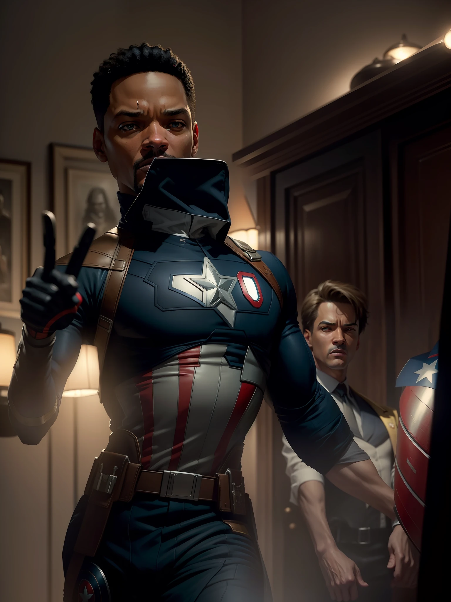 . .Tarantino style Will Smith as Captain America 8k, high definition, detailed face, detailed face, detailed eyes, detailed suit, in style of marvel and dc, hyper-realistic, + cinematic shot + dynamic composition, incredibly detailed, sharpen, details + superb details + evening with light + perfectionism + award winning realism ((moody lighting))