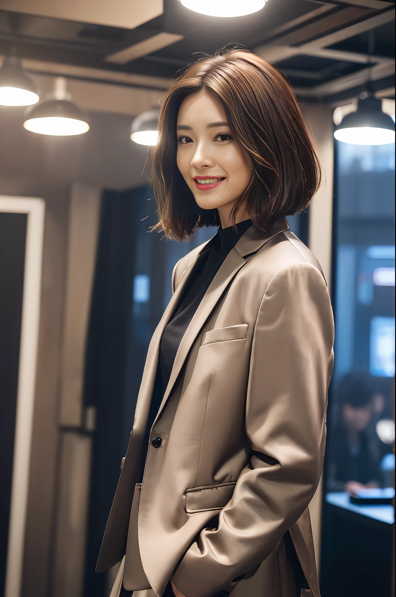 ((Realistic lighting, Best quality, 8K, Masterpiece: 1.3)), Clear focus: 1.2, 1girl, Front lens, Perfect figure beauty: 1.4, ((dark brown hair, short hair)), (Jacket with suit underneath shirt and trousers: 1.4), (In the live room: 1.8), Super fine face, fine eyes, smile