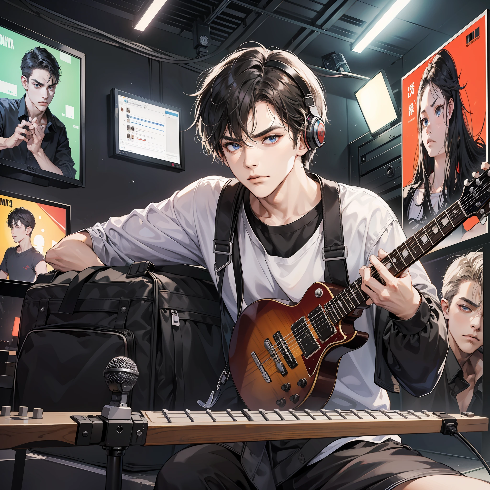 A Masterpiece，Official Art，8K，A Masterpiece，The best quality，HIGH LEVEL OF DETAIL，A dimly lit room，There is a microphone stand in the middle，Detailed face，Detailed body，1 man，Short hair in the black，white T-shirt，(Serious expression:1.5)(The face is calm:1.5)，Guitar in hand，Headphones are worn on the ears，There was a computer screen in front of him，Show the live streaming platform，There is a chat box on the side，The audience is sending messages， Guitar case on the floor，Several posters of famous musicians hang on the walls，Colorful stage lighting creates a lively atmosphere， The computer screen shows the live streaming platform，Audience chat box，Guitar case on the floor，Musician poster on the wall，Stage lights