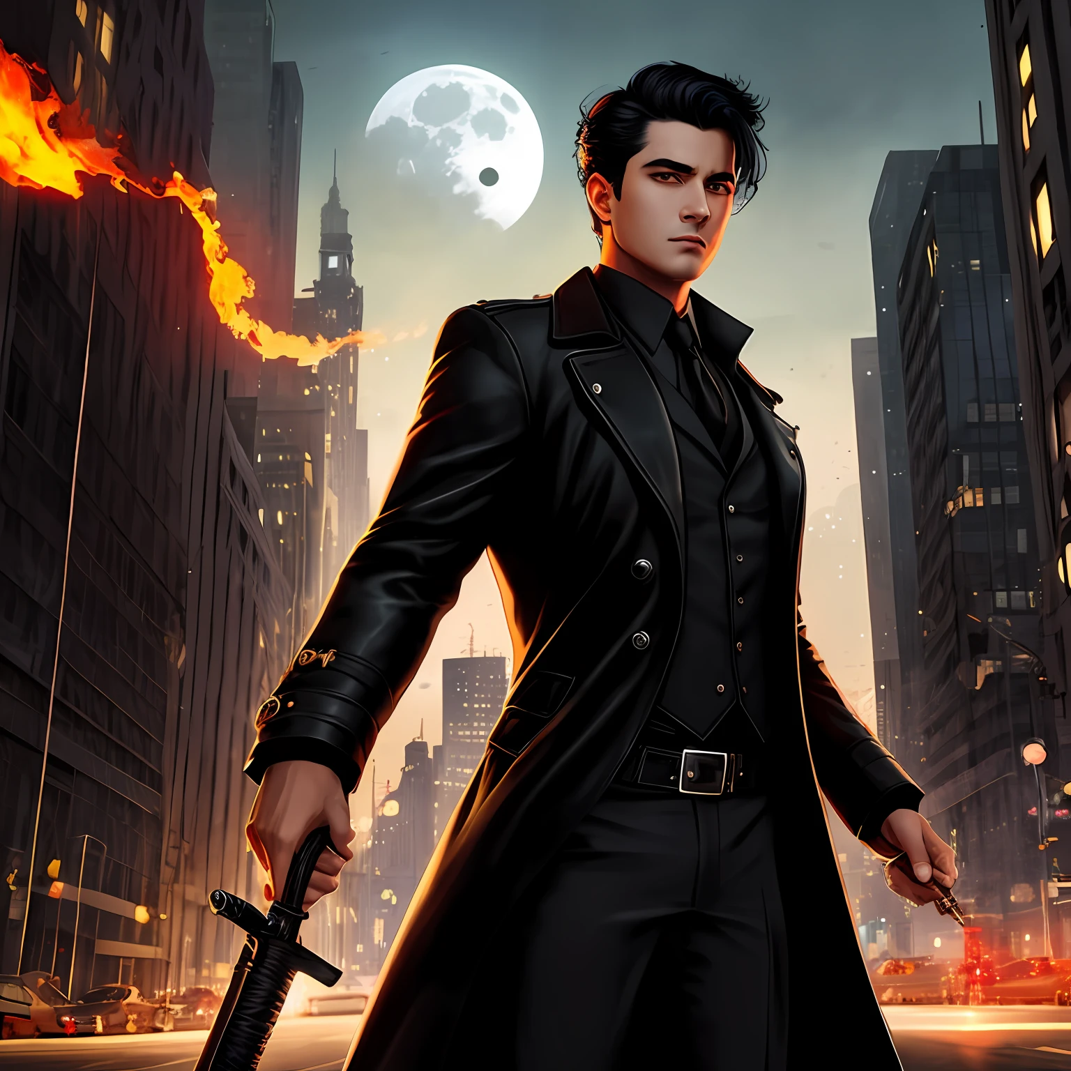 noir detective, character portrait, detective with black leather coat, black hair, fire on his eyes, a crimsom dagger on his right hand, city at mid night, moon light, UHD