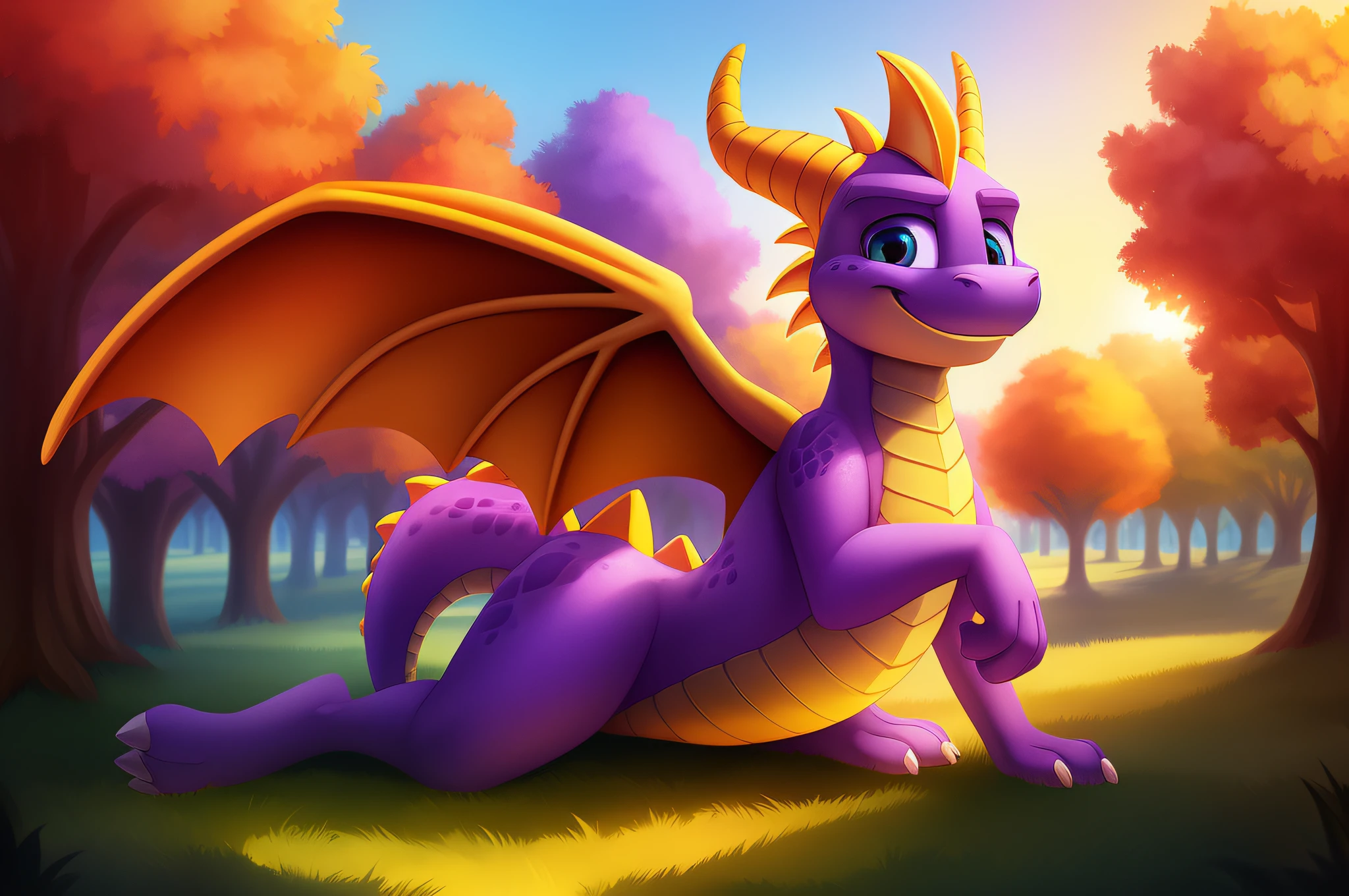 Dragon Spyro fanart, sits and rests, Zootopia style, Warm and pleasant colors, 2D-art, Volumetric render, HDR, quadruped, Character design, Park in the background, good anatomy, Spread and regular wings, masterpiece, Cartoon, A ray of sunshine on the body, Good camera perspective, smoothly-scaly cover, There are no people, Full Growth, Deviant art, Cute eyes, Not a furry, Promo-Art