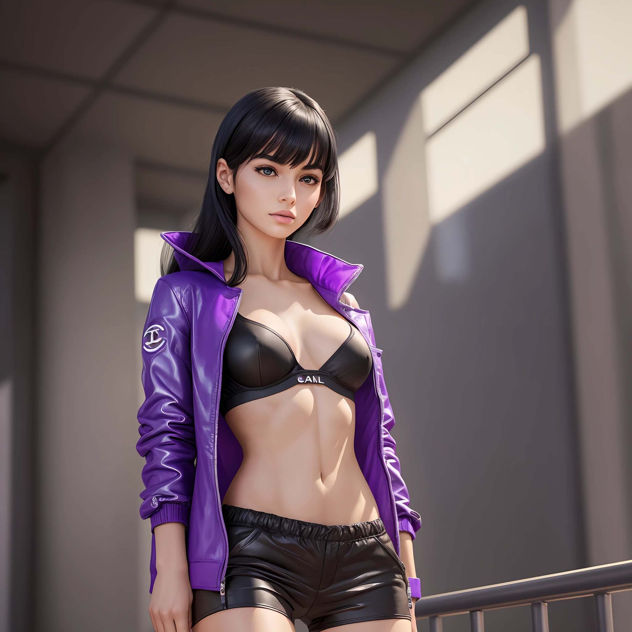 photorealistic, real human skin, 24-year-old girl, lonely, thin white skin, Chanel black hair, soft lips, shiny eyebrows, small breasts, head, eyes and toes directed anteriorly forward, upper limbs next to the body with the palms facing forward, wearing black sports shorts with purple, purple bra with black details and a purple overcoat,  flying like a superhero.