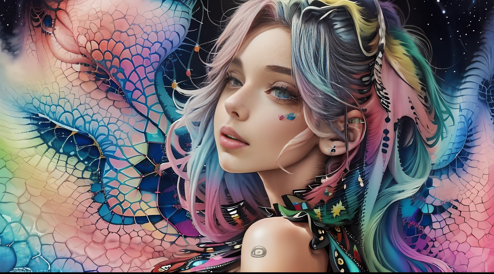 (masterpiece, top quality, best quality,watercolor (medium),official art, beautiful and aesthetic:1.2),(1girl:1.3), (fractal art:1.3),upper body, from side, looking at viewer,patterns,(rainbow color Hair,colorful hair,half blue and half pink hair:1.2),water,liquid, cloud,colorful, starry,stars,