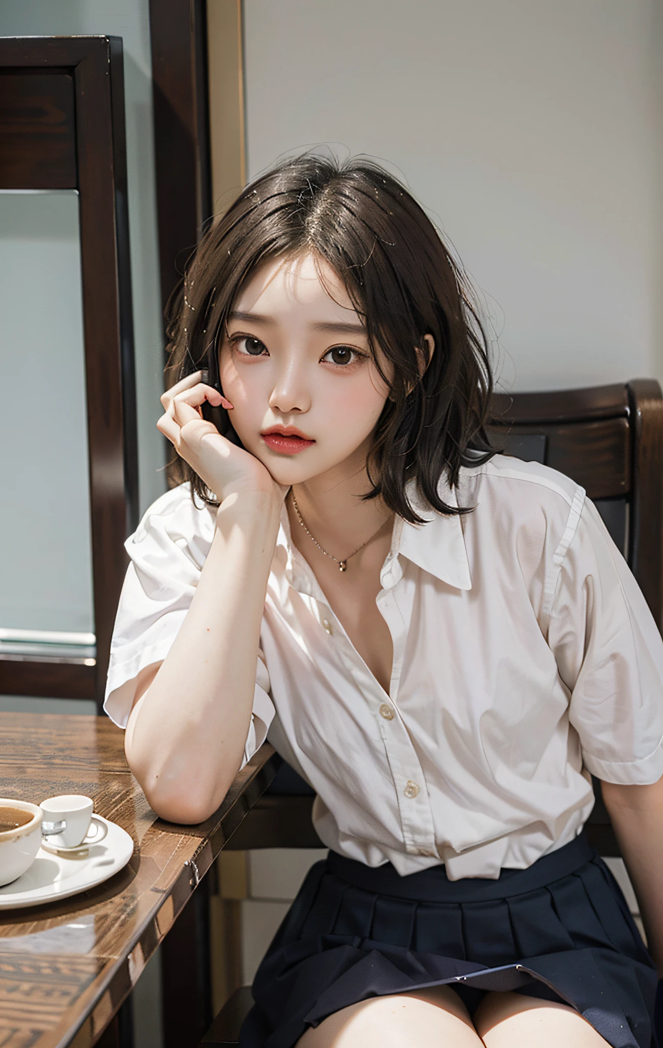 Shoot Bob Hair、((Summer clothes))、high school girls、SCHOOL UNIFORM、Steaming coffee on the table、Sitting、short wavy hair、Small head、tiny breasts、Small hips、skinny body、Sleeping in any pose