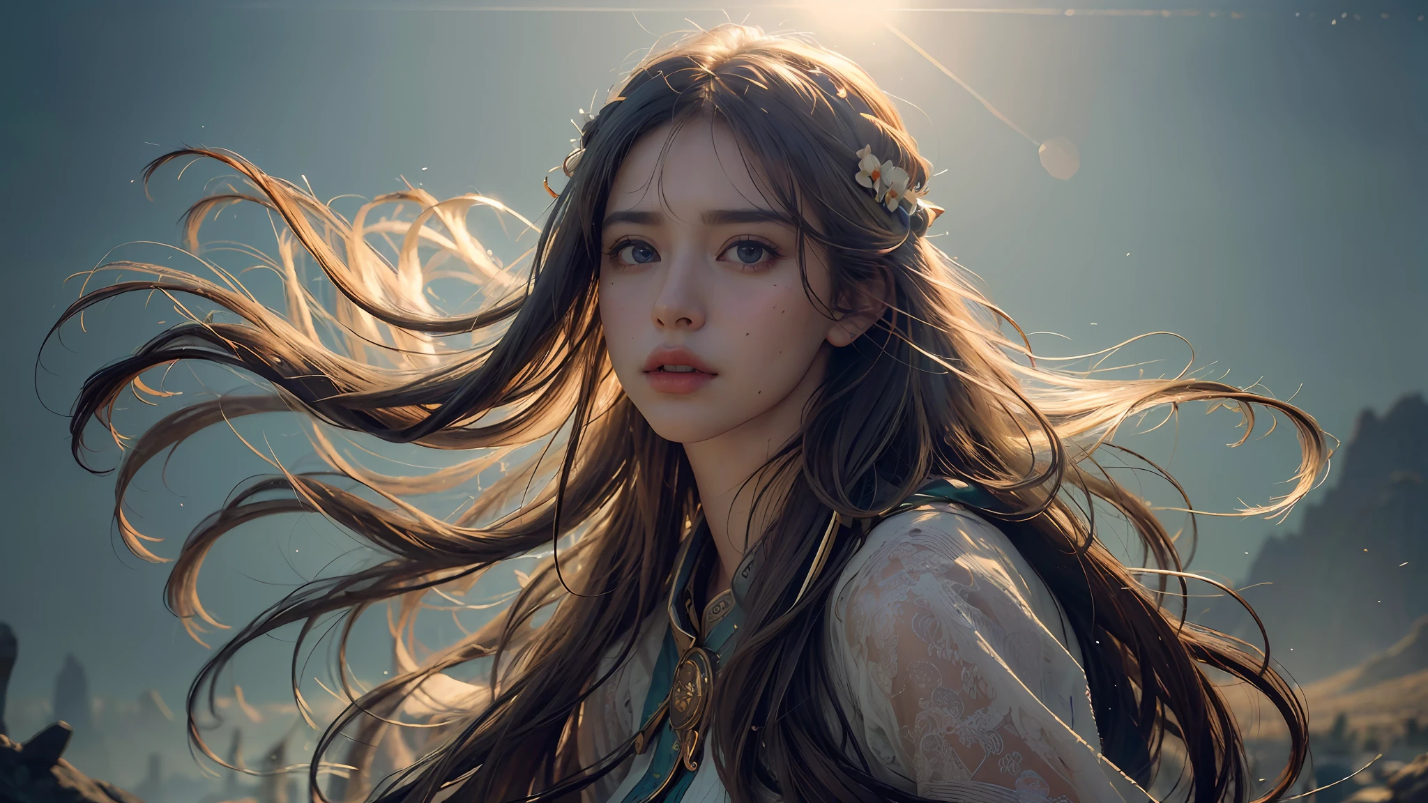 (RAW photo, best quality), (realistic, photo-realistic:1.3),best quality,highly detailed,masterpiece,ultra-detailed,illustration,1girl,upper_body,dynamic angle,world masterpiece theater,messy_long_hair,best quality,extremely detailed CG unity 8k wallpaper,ink,Amazing,cinematic lighting,lens_flare,,dunhuang_style