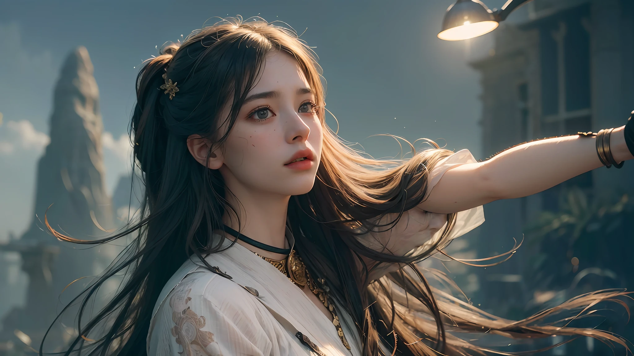 (RAW photo, best quality), (realistic, photo-realistic:1.3),best quality,highly detailed,masterpiece,ultra-detailed,illustration,1girl,upper_body,dynamic angle,world masterpiece theater,messy_long_hair,best quality,extremely detailed CG unity 8k wallpaper,ink,Amazing,cinematic lighting,lens_flare,,dunhuang_style