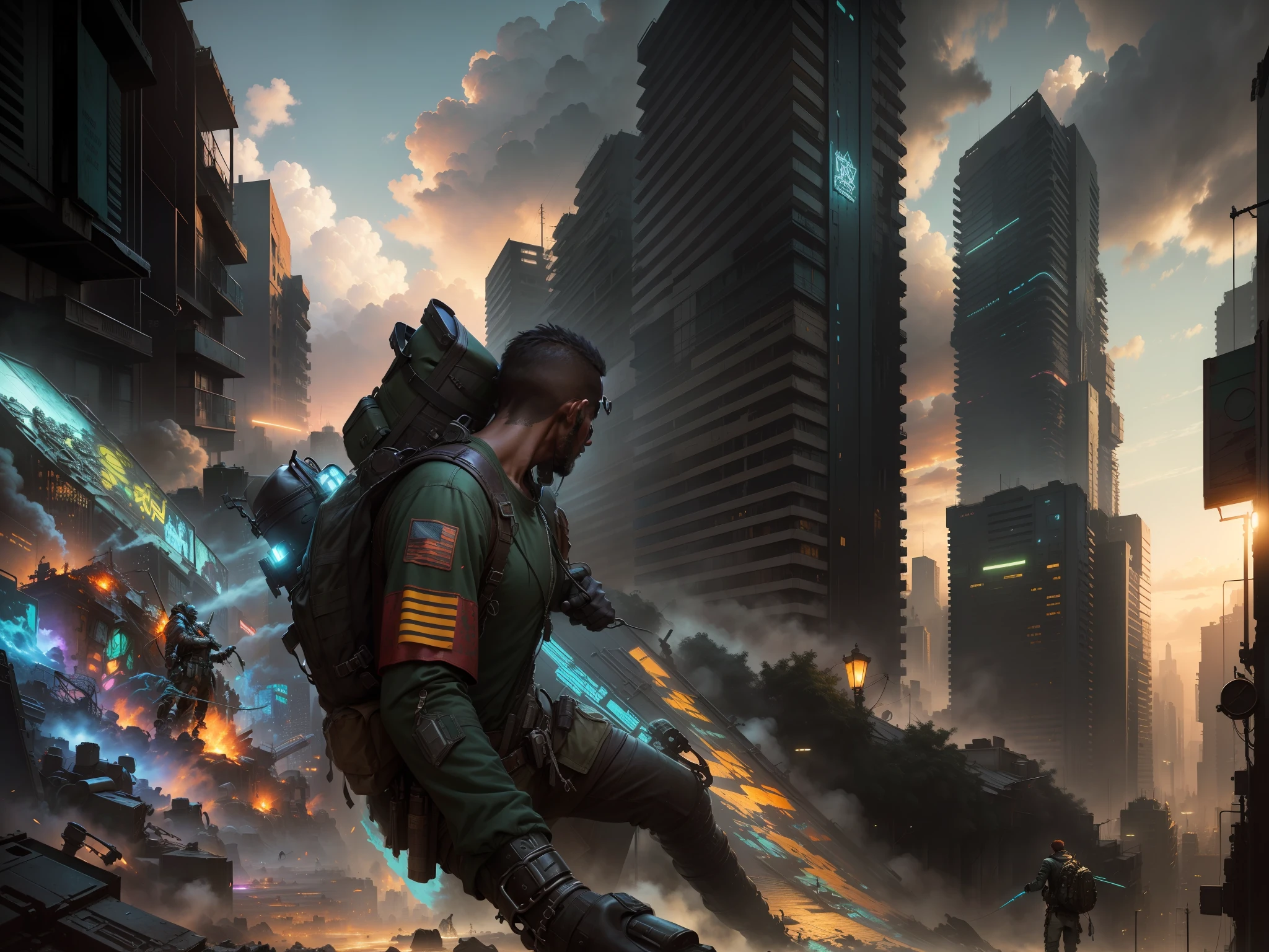 (masterpiece) high detailed RAW, a post apocalyptic man with a backpack is walking through a vivid rainbow themed cyberpunk city , hassanfantasy style , by Jeremy Mann and Donato Giancola ultra realistic highly detailed intricate photorealistic