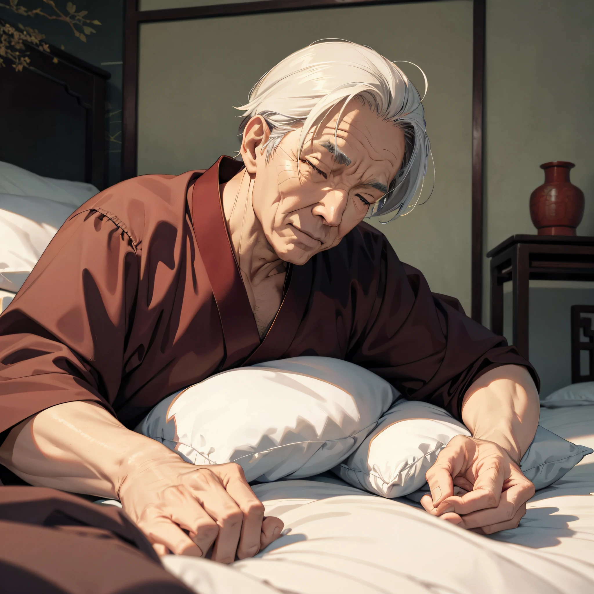 Ancient China,Older man lying in bed,feebly