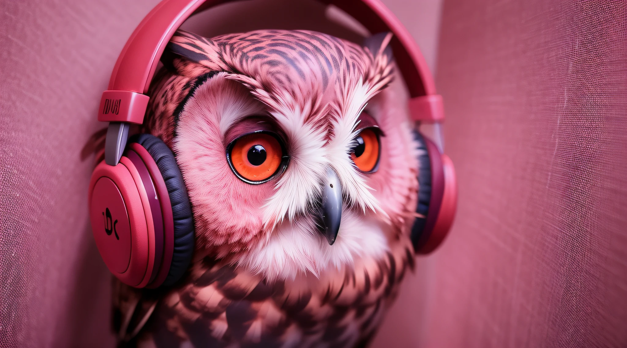 Red mauve owl with headphones、Music notes on background