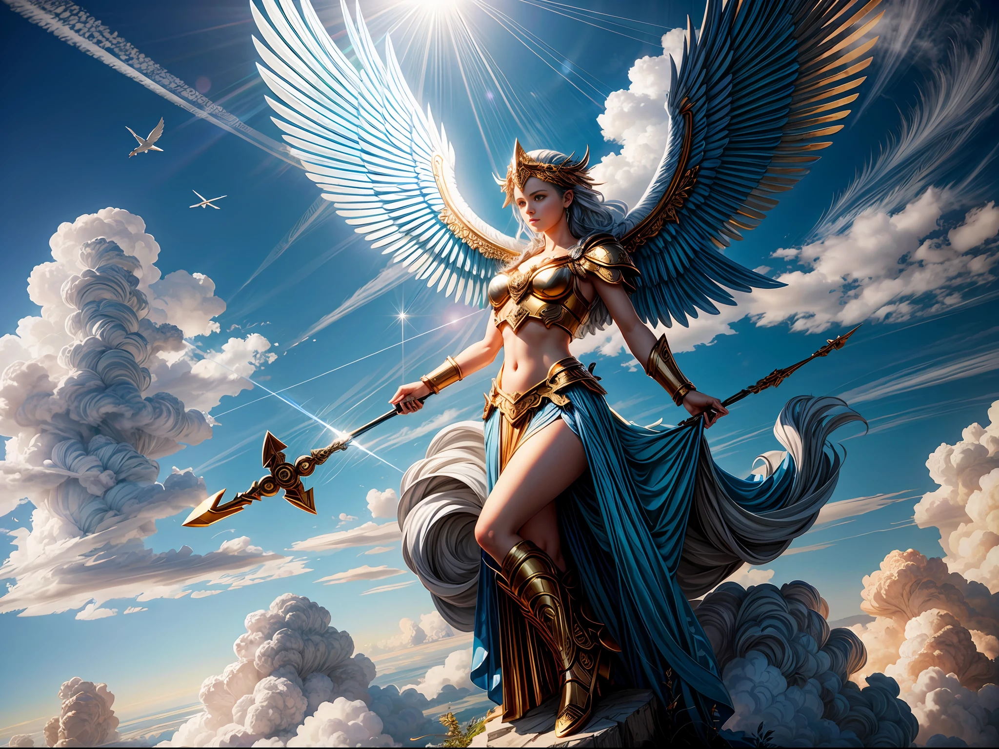 (Goddess of Victory, Nike flies in the clouds), blue sky and white clouds, Greek mythology, Legendary creatures, Creatures, conceptart, dreamy, backlight, fantastical, drop shadow, Smooth,