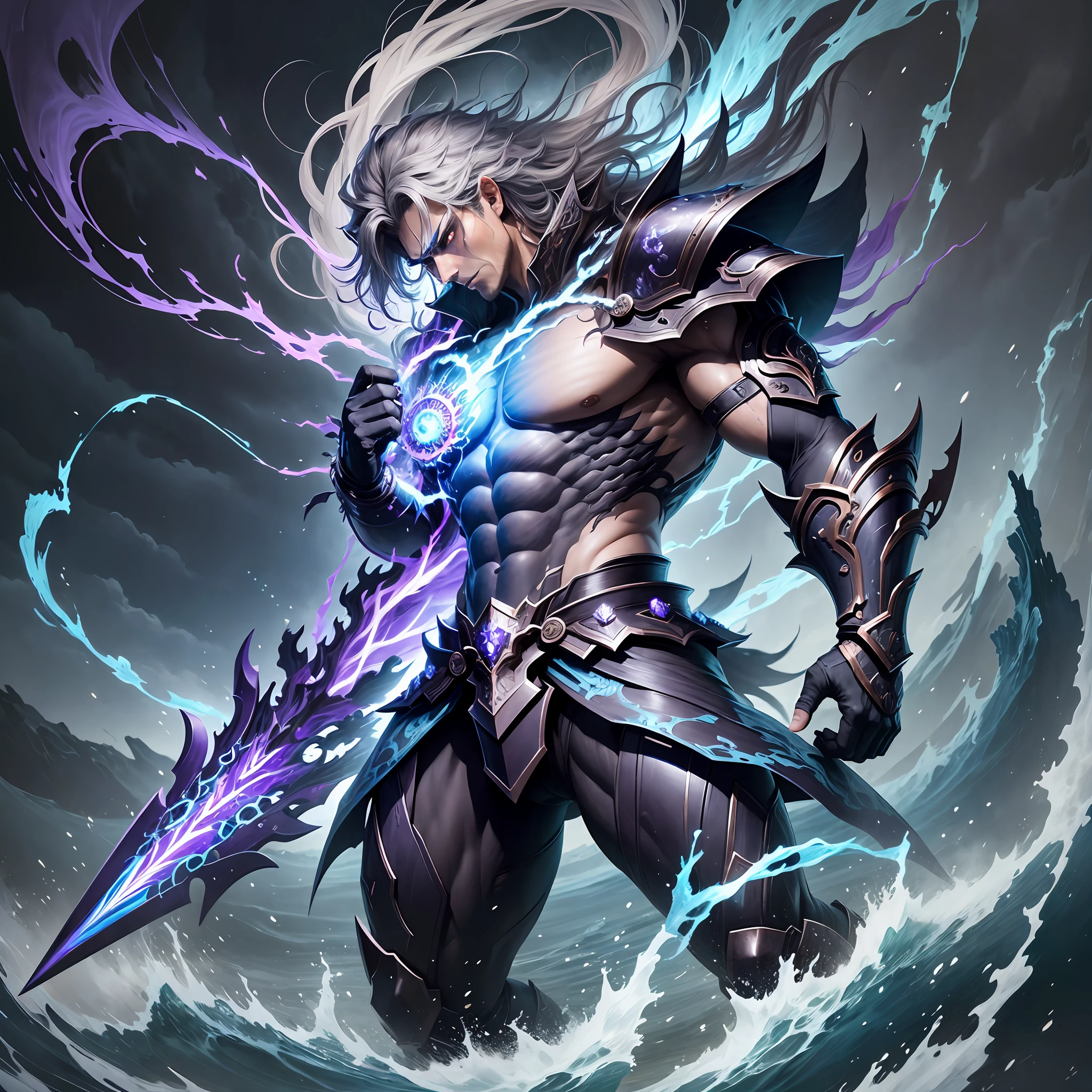 An awe-inspiring depiction of Susanoo, the tempestuous Storm God of Japanese mythology. Susanoo exudes raw power and intensity, representing the turbulent forces of nature. The scene is set amidst a raging storm, with dark clouds swirling ominously overhead and flashes of lightning illuminating the sky. Susanoo stands tall and muscular, clad in armor adorned with intricate designs inspired by storm elements. His wild, unkempt hair flows in the wind, mirroring the chaos and fury of the tempest. In his hand, he wields a mighty sword, crackling with electrical energy and emitting an otherworldly glow. The god's expression is fierce and determined, capturing his indomitable spirit. Surrounding Susanoo, fierce winds whip up, causing trees to bend and waves to crash, symbolizing his dominion over natural forces. The color palette is dominated by deep blues and purples, evoking the brooding atmosphere of a stormy night. The aspect ratio is 1:1.``` --auto --s2