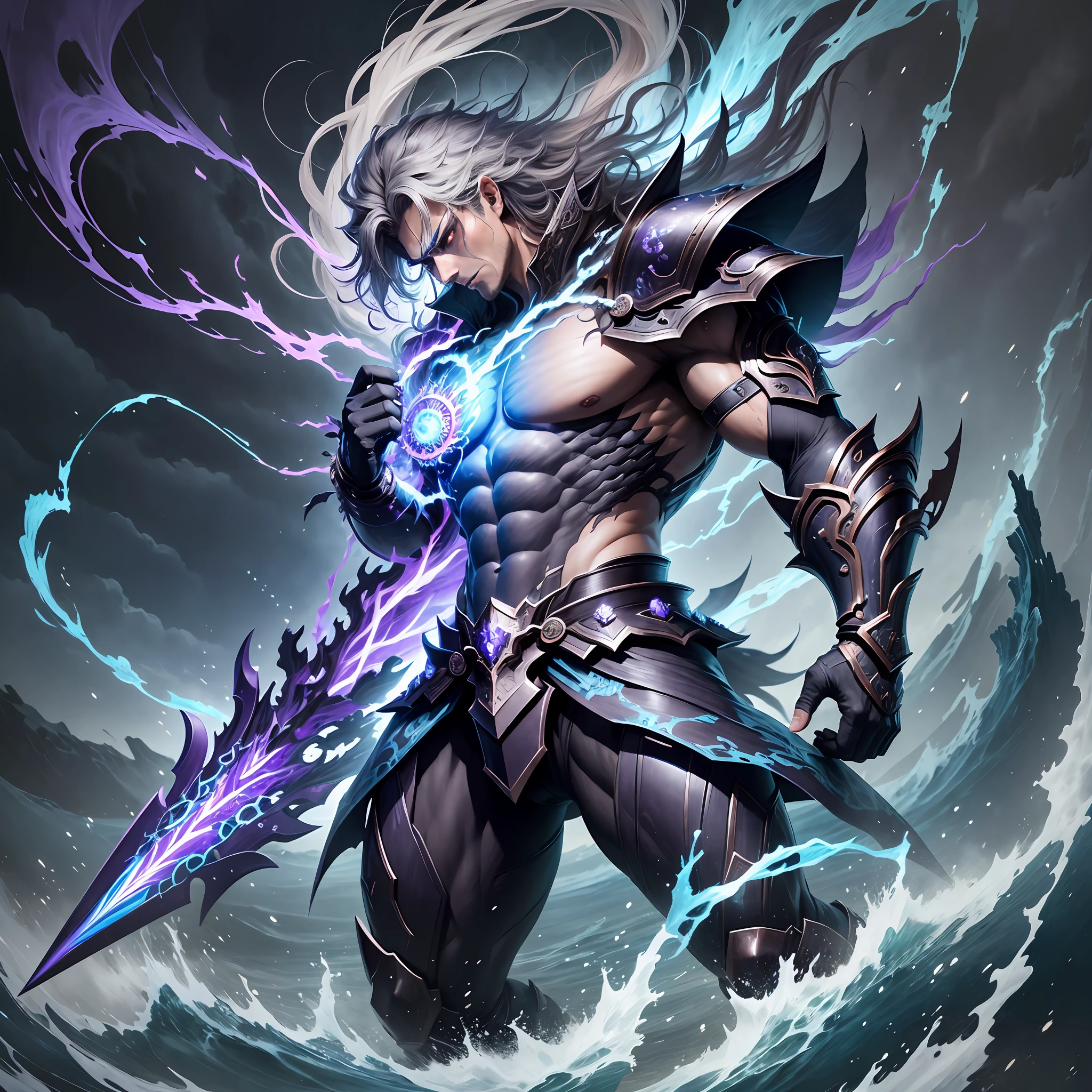 An awe-inspiring depiction of Susanoo, the tempestuous Storm God of Japanese mythology. Susanoo exudes raw power and intensity, representing the turbulent forces of nature. The scene is set amidst a raging storm, with dark clouds swirling ominously overhead and flashes of lightning illuminating the sky. Susanoo stands tall and muscular, clad in armor adorned with intricate designs inspired by storm elements. His wild, unkempt hair flows in the wind, mirroring the chaos and fury of the tempest. In his hand, he wields a mighty sword, crackling with electrical energy and emitting an otherworldly glow. The god's expression is fierce and determined, capturing his indomitable spirit. Surrounding Susanoo, fierce winds whip up, causing trees to bend and waves to crash, symbolizing his dominion over natural forces. The color palette is dominated by deep blues and purples, evoking the brooding atmosphere of a stormy night. The aspect ratio is 1:1.``` --auto --s2