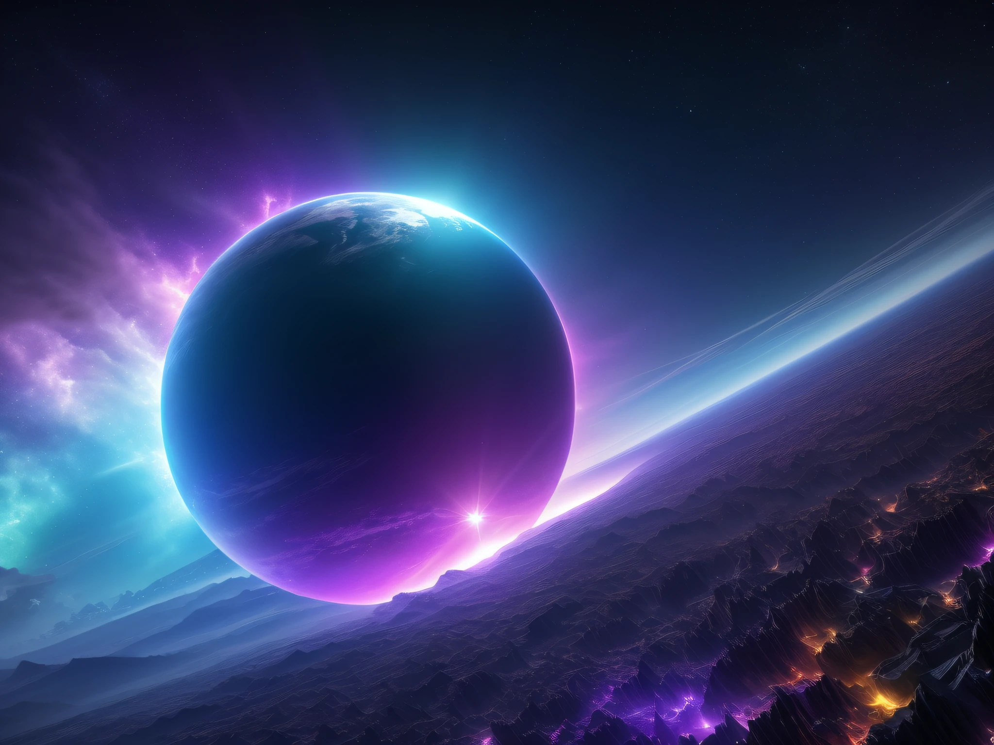 Planet from space, cosmic, purple, land, ocean, alien, solar system, colorful, fruitful, habitable, alien land, purple oceans, ice, birds, planet light years away, big, exoplanet, 8K resolution, ultra detailed,  Fantasy vibe, centered, dreamlike, intricate detail,  Cinematic Lightning, Unreal Engine, Realistic, Photorealistic, Hyper-detailed, insane details, Super-Resolution, Megapixel, FKAA, TXAA, RTX, SSAO, Post Processing