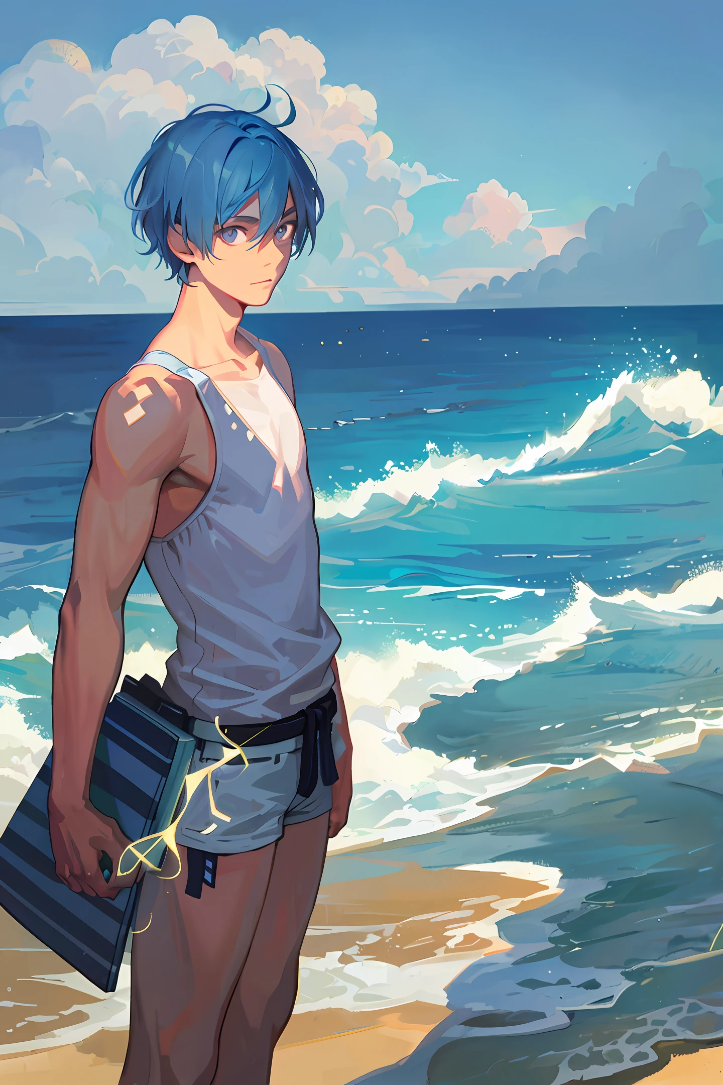A dark-skinned, realistic man with a squishy body and no beard
Beach with long hair surfboard
All photos