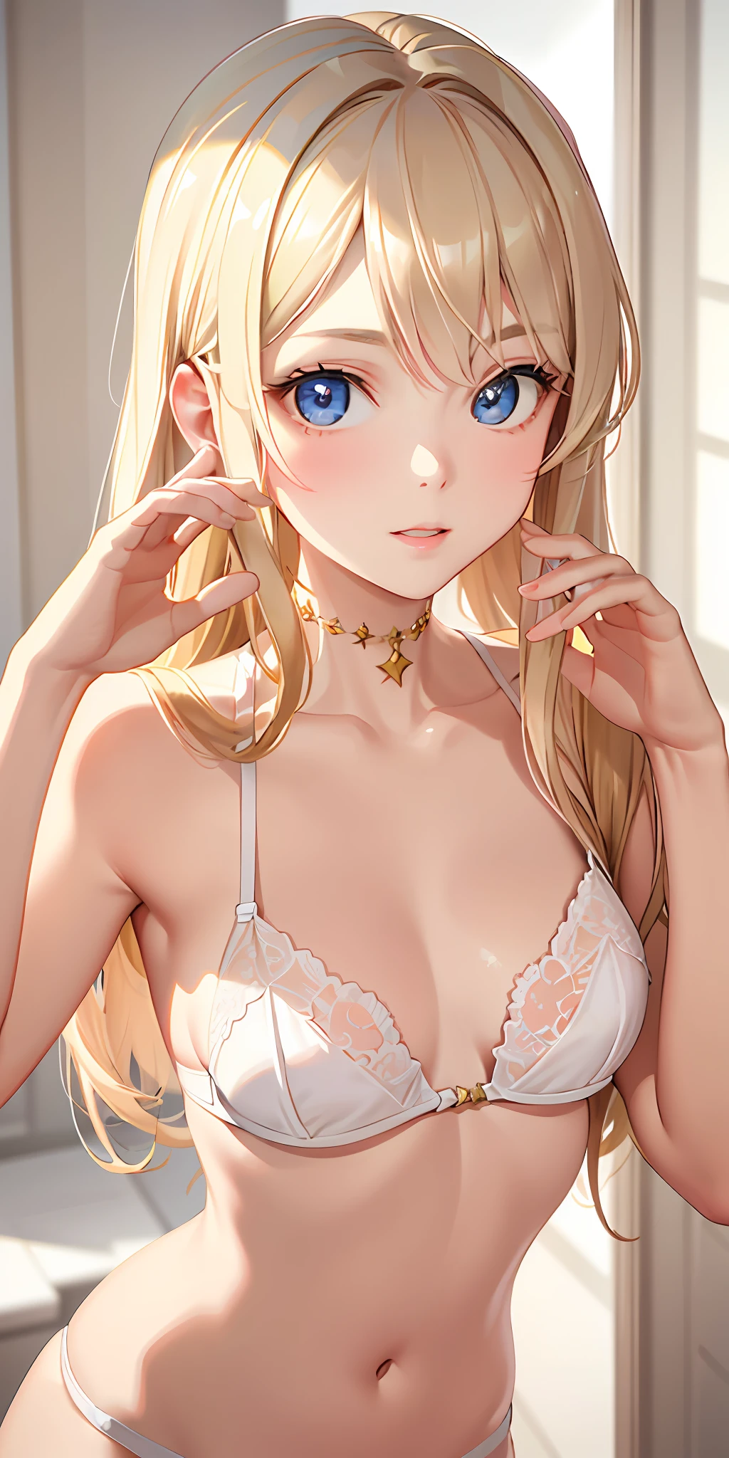 (lifelike: 1.4), (A Masterpiece, sidelight, Fine and beautiful eyes: 1.2), A Masterpiece*portrait, lifelike, 3D 顔, Luminous eyes, shiny hair, Skin falls out, solo, embaressed, (epigastrium), White underwear, blonde hair、