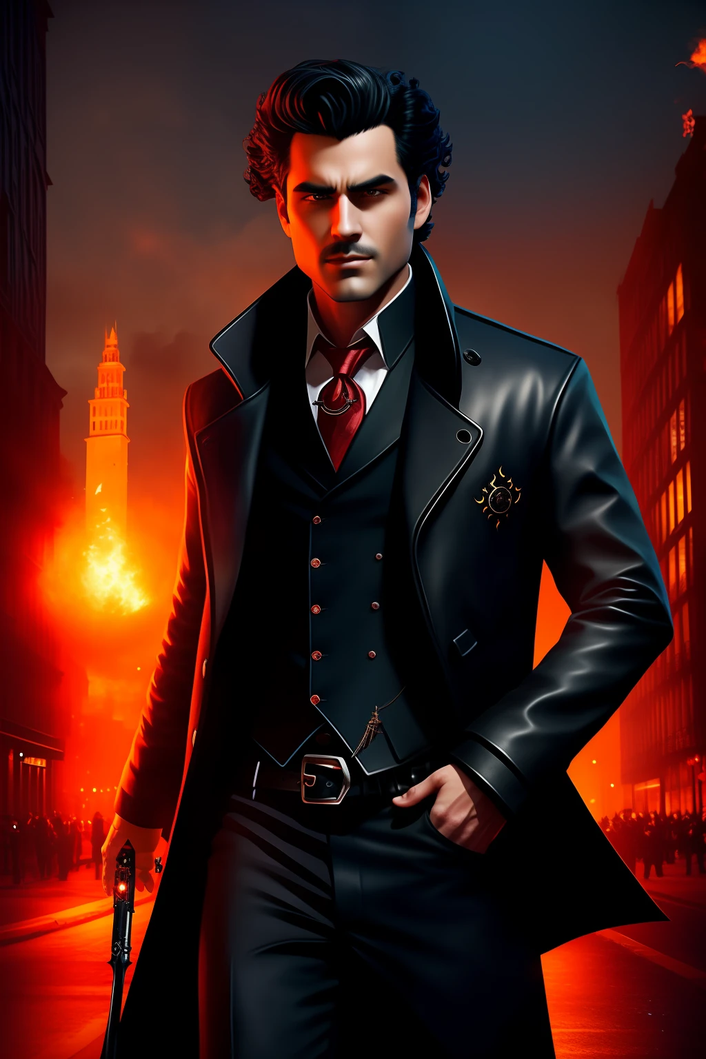 noir detective, character portrait, detective with hip lenght black leather coat, black curly hair, fire on his eyes, a crimsom dagger on his hand, gothic city, red moon light