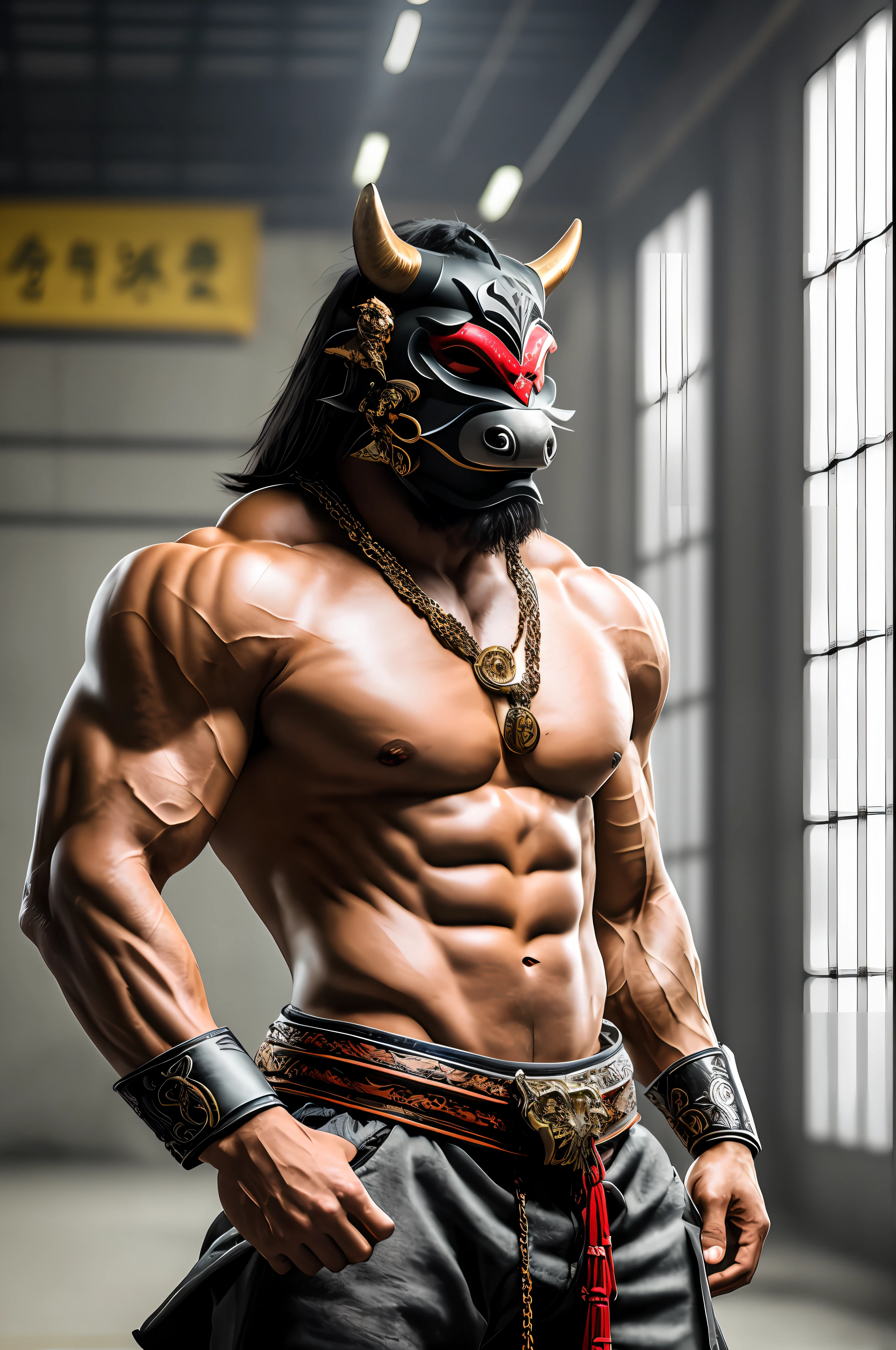 ((best quality)), ((ultradetailed)), ((masterpiece)), photograph, scene: spacious abandoned warehouse, theme: anthropomorphic animal mafia, character: samurai demon, appearance: muscular build, action: combat stance, expression: wearing oni mask, tengu,fierce, holding a karana, gold necklace, upper body , sporting yakuza tattoos, perspective: 4K. --auto --s2