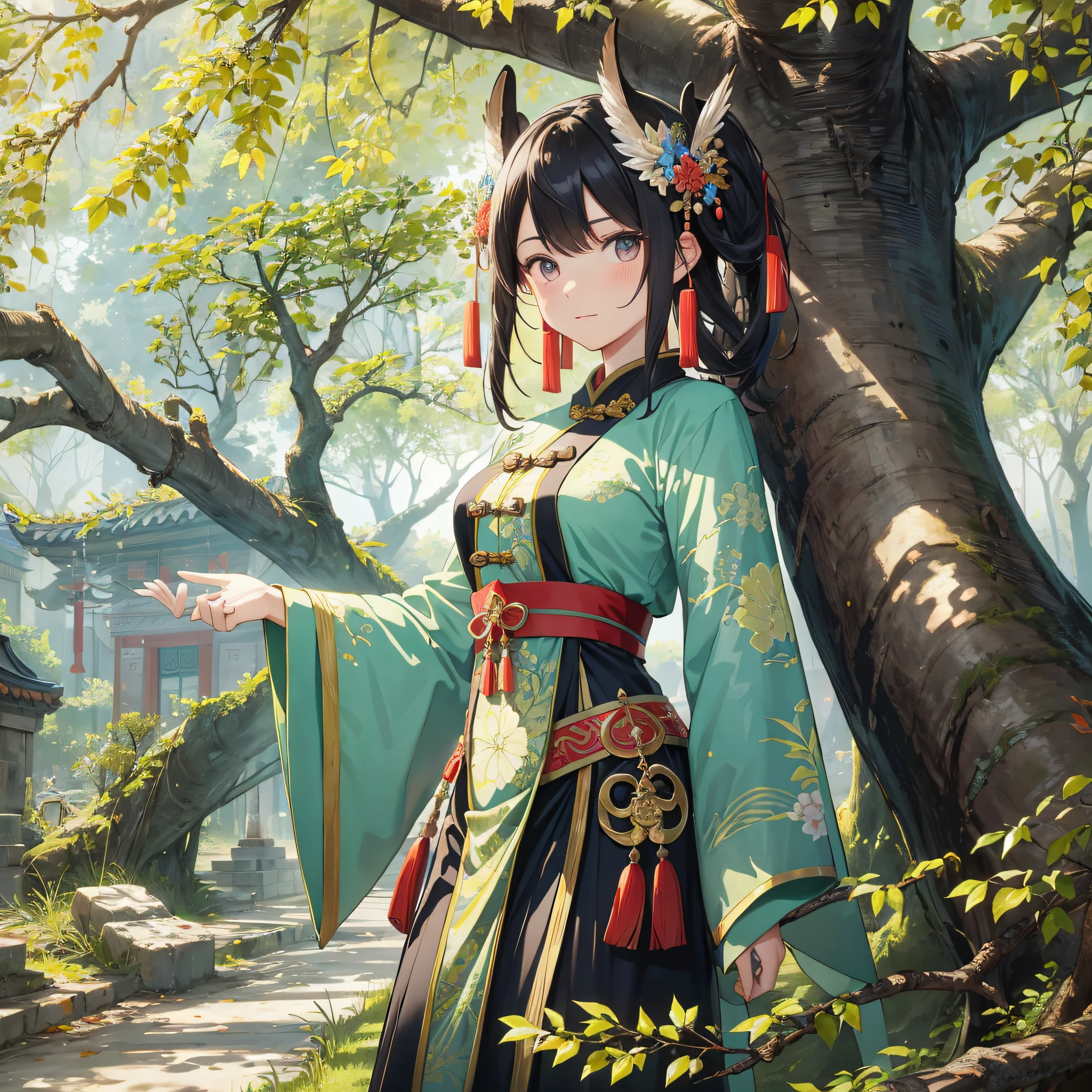 Ancient China,A beautiful girl stood under a locust tree and looked away