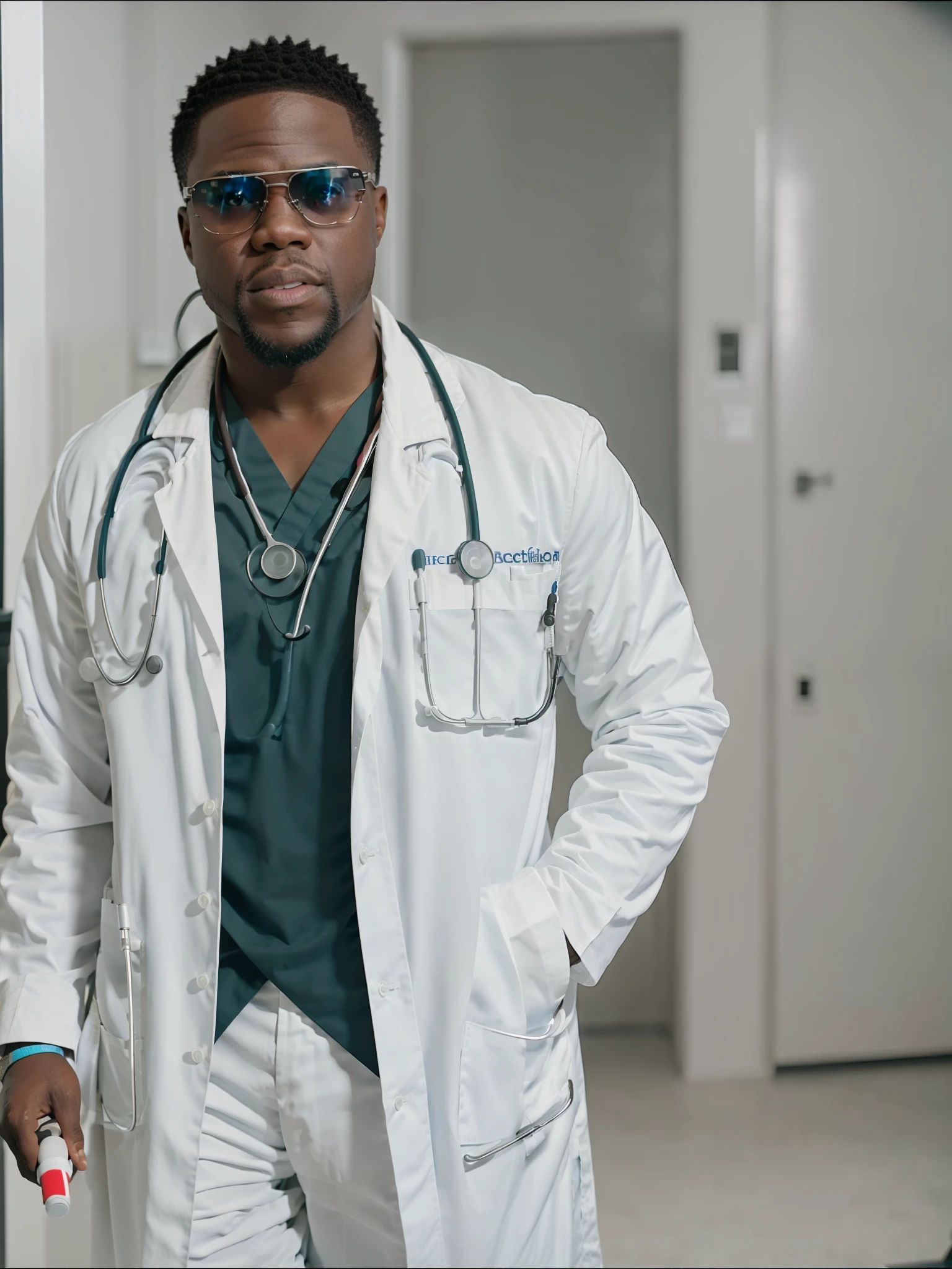 RAW photo, photo of kevhart  as a (doctor:1.2), white labcoat, stethoscope, black sunglasses,8k uhd, dslr, high quality, film grain, Fujifilm XT3