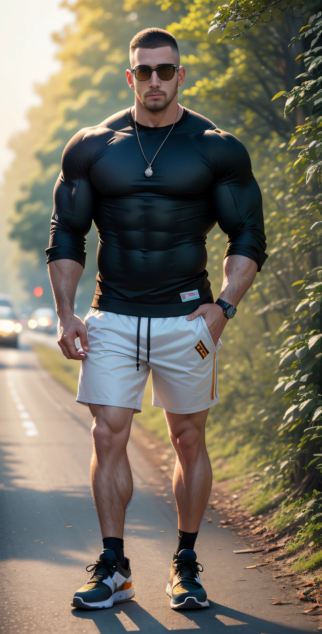 Man in off-white sweatshirt standing in the middle of a sunny highway,American round head,Buzz Cut,National character face,Tall and burly,muscular male hero,Heroic male pose,a muscular!Wear sunglasses,SKINS brand sports sweatshirt, Black hair,super buff and cool, commission for high res, Character design: morning runner,sneaker shoes,Attractive strong men,The sun shines through the woods