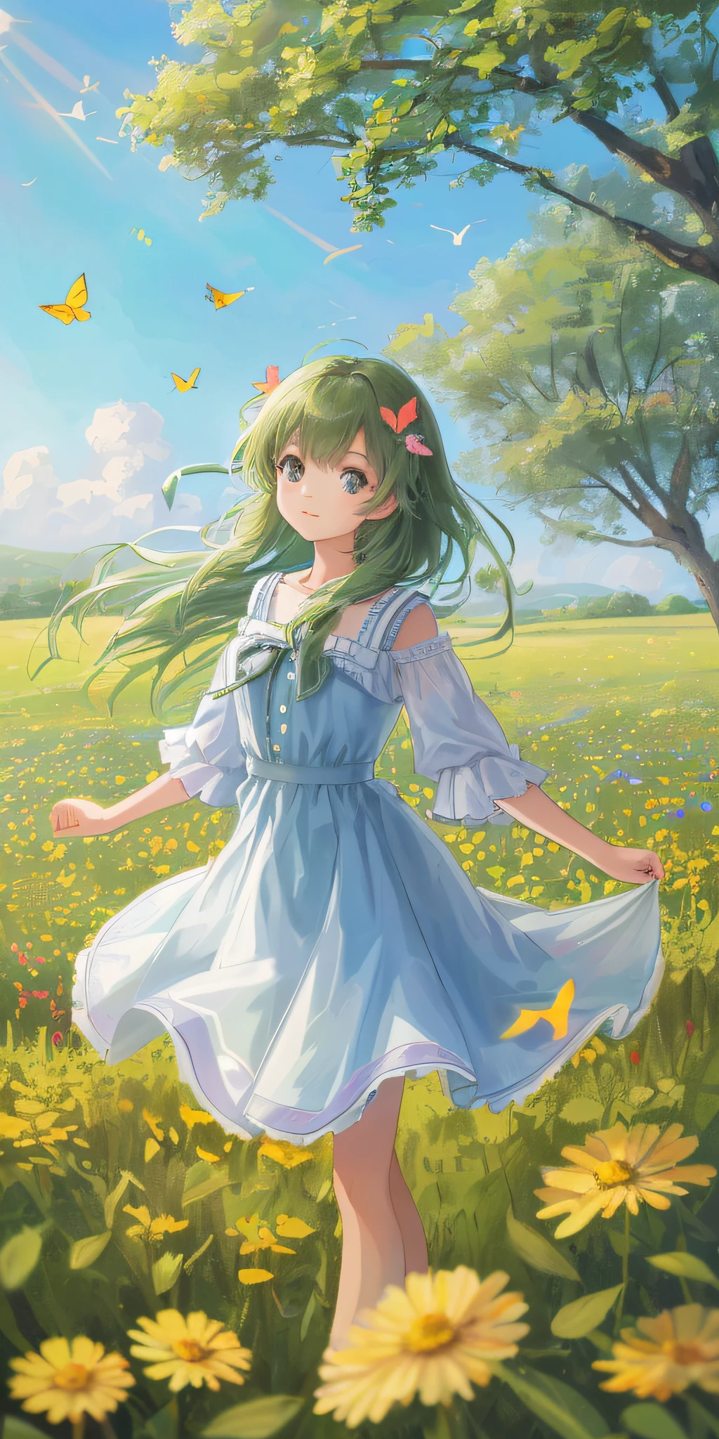 High Detail, Ultra Detail, Ultra High Resolution A cute and innocent girl is enjoying her time in an open field, surrounded by the beauty of nature, with the warm sun shining on her and wild flowers swaying gently in the breeze. Butterflies and birds flutter around her, adding to the playful atmosphere, --v6