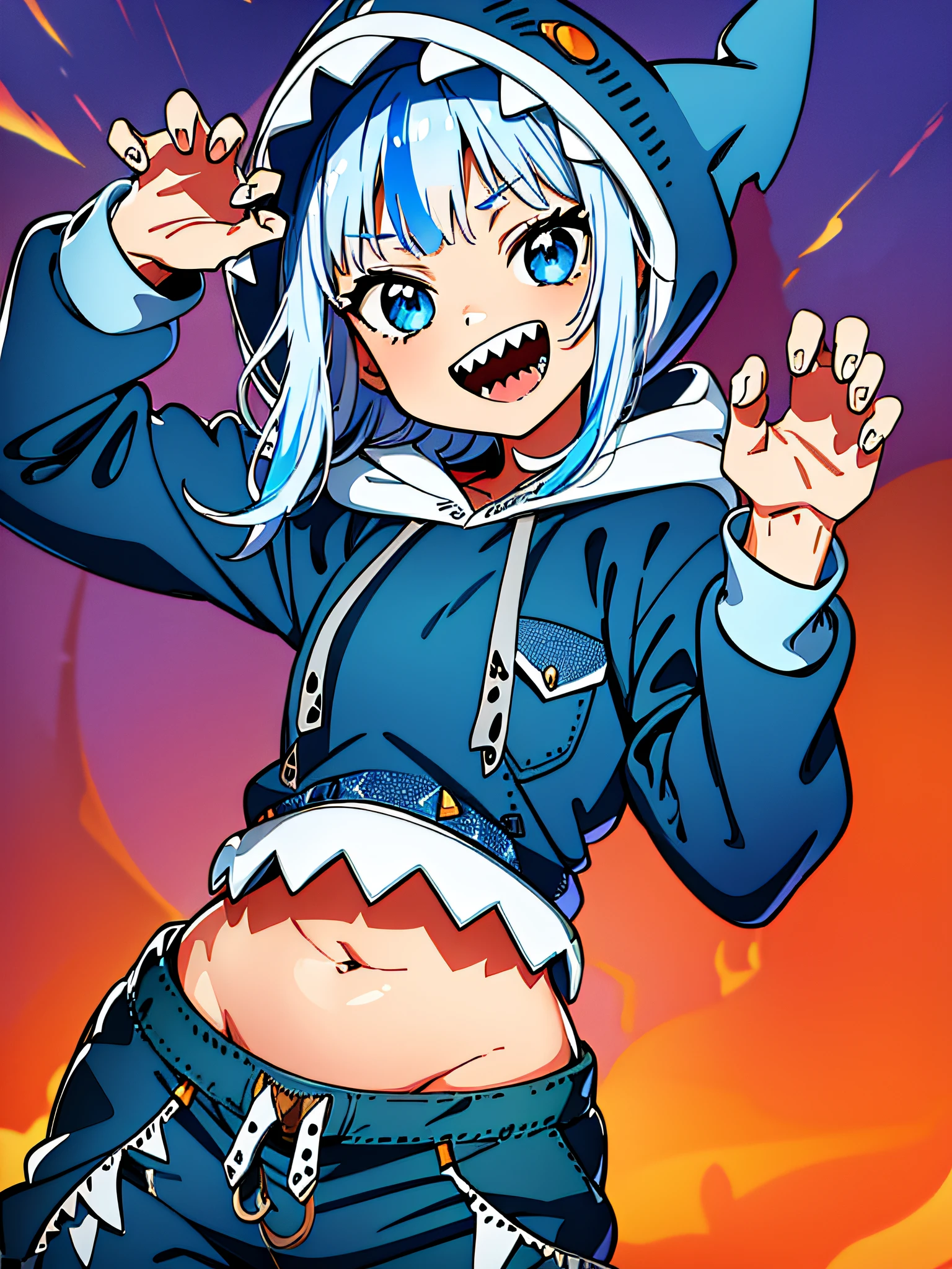 masterpiece, best quality, ultra-detailed, absurdres, colorful, gawr gura, detailed eyes, wide-eyed, eyelashes, looking at viewer, cowboy shot, (blue background:0.9), (standing:0.7), blue hoodie, shark tail, sharp teeth, claw pose, hood up, (:D:1.0), pockets, hands up