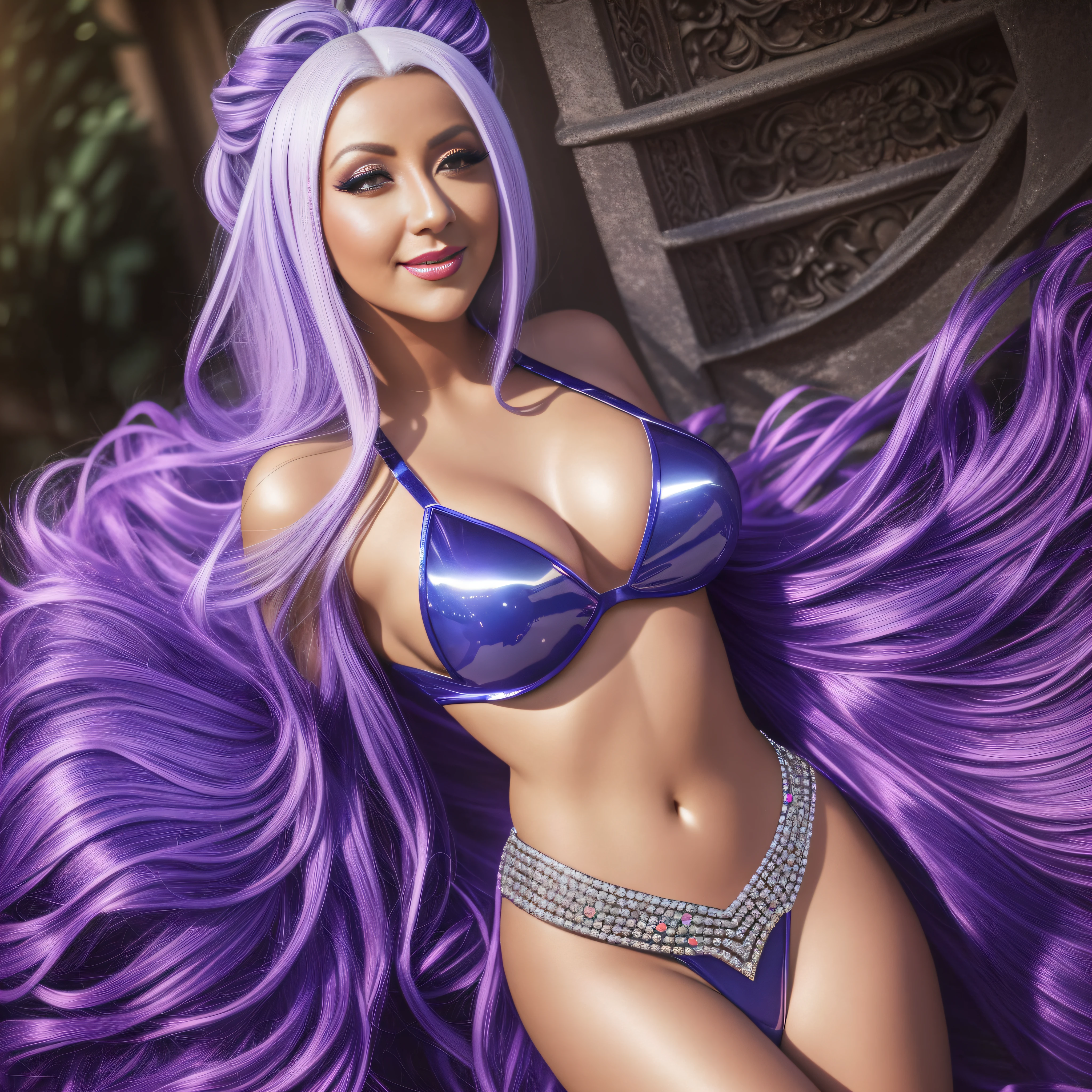 Christina Aguilera Cosplay extravagant Samira from League of Legends turquoise eyes opal mouth agathe teeth open smile screaming 27 years old skin pure face clean emotional appreciate expression revealing seductive suave pronounced voluminous anatomy athlete shape symmetry hairstyle short hairstyle shaved ruby jewels Lazuli navel diamond revealing under-clothing silk satin leather hard abundant fur trimmed very short spinel diamond kunzite ornate lava indigo, dressed heavy chrome armor shoulders "Heavy Metal" onix tourmaline DoF jardin complexe Composition "Cerisier" lucioles, Bright Ultra sunlight-pro photo reflex Fujifilm XT3 UHD 16k Rendu ultra octane ultra-Ultra Realism-Ultra Precise-Ultra details-Ultra Quality-Ultra Resolution-Ultra textured-maximalist realist totalist perfectionism retina DSLR