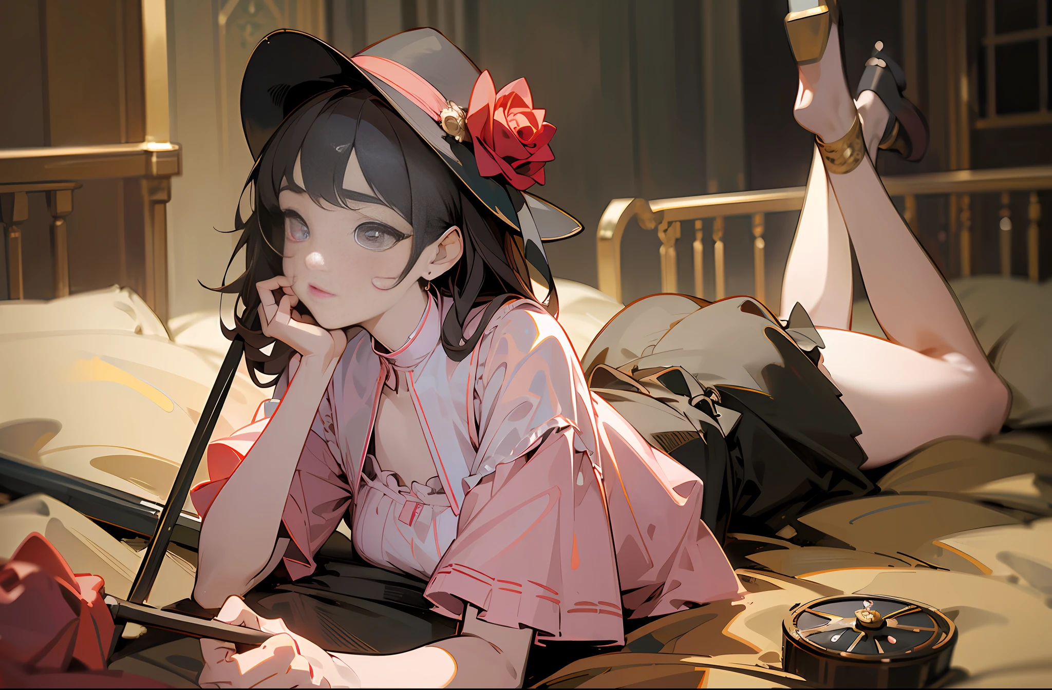 (BEST QUALITY、A masterpiece), 1girl(Rose)(Rose), movie lighting、((Watch your audience)), blurred background, Woman lying down with a cane on her cheek,Shorts on a blouse、Flat Color,modern, the dress --auto --s2